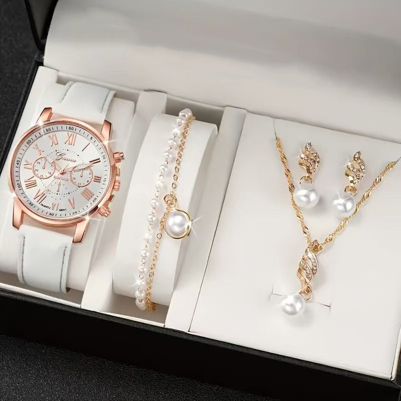 Fashion Girls Ladies Crystal Metal Dress Watches + Necklace Bracelets earrings Jewelry Sets Quartz Watches for School Girl students Daughters Sisters Friends Cool Birthday Gift Watches(Without Box)