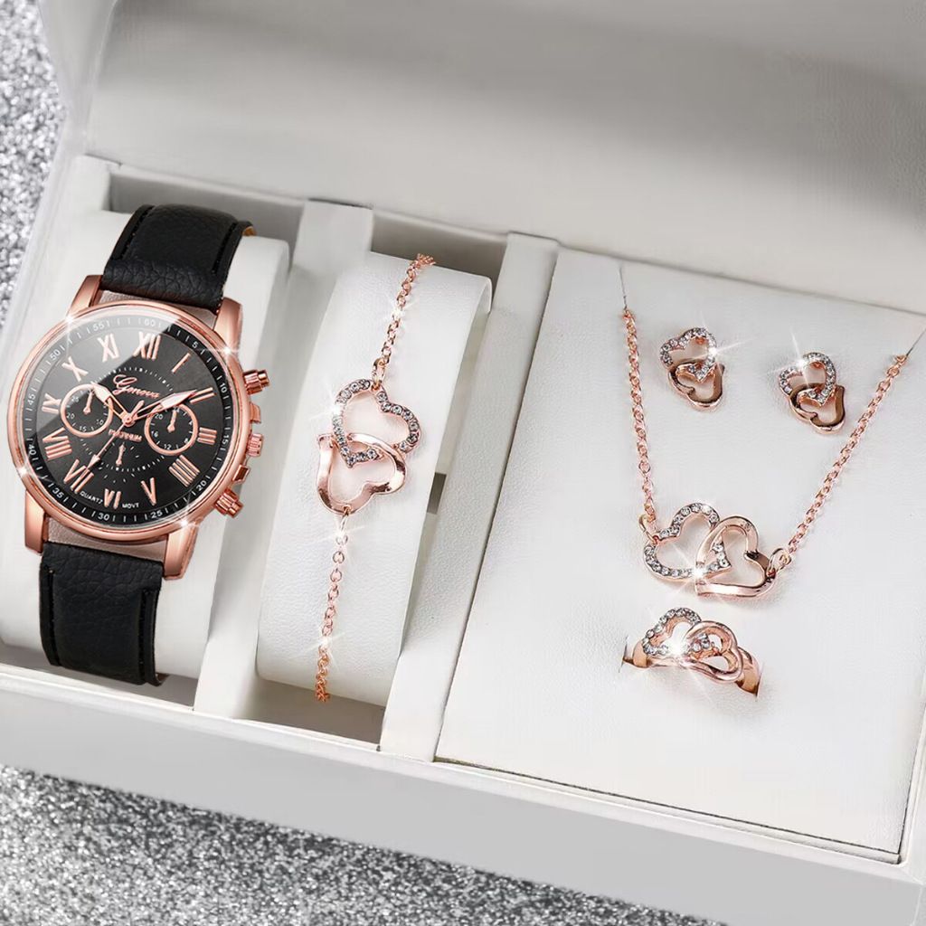 Fashion Girls Ladies Crystal Metal Dress Watches + Necklace Bracelets earrings Jewelry Sets Quartz Watches for School Girl students Daughters Sisters Friends Cool Birthday Gift Watches(Without Box)