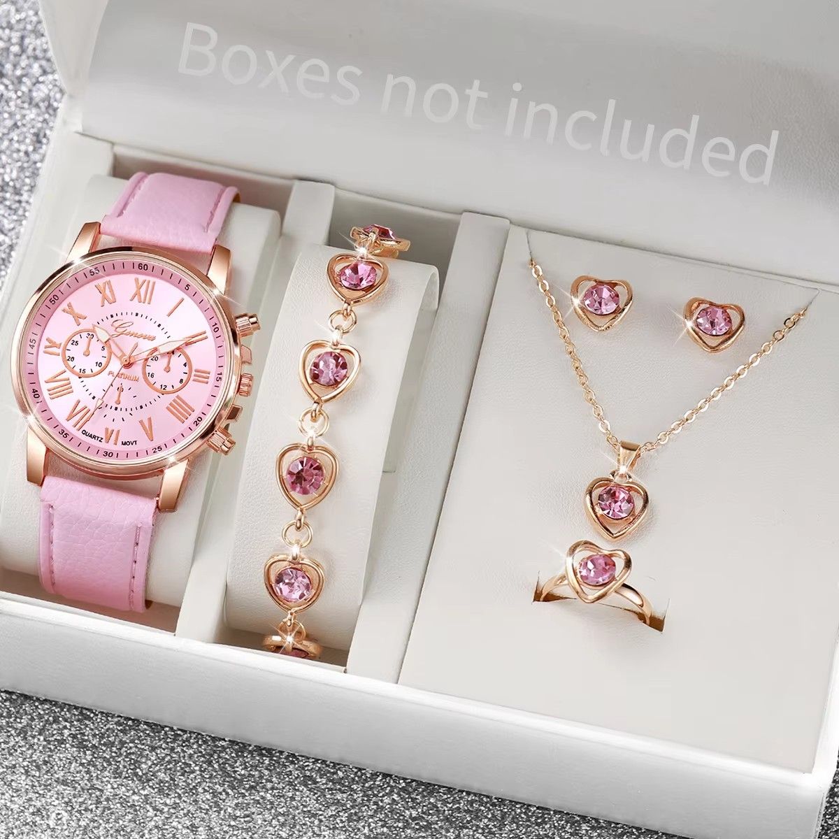Fashion Girls Ladies Crystal Metal Dress Watches + Necklace Bracelets earrings Jewelry Sets Quartz Watches for School Girl students Daughters Sisters Friends Cool Birthday Gift Watches(Without Box)