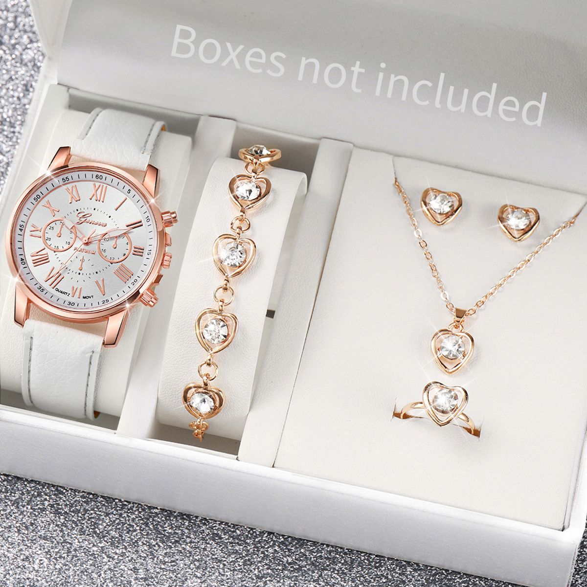 Fashion Girls Ladies Crystal Metal Dress Watches + Necklace Bracelets earrings Jewelry Sets Quartz Watches for School Girl students Daughters Sisters Friends Cool Birthday Gift Watches(Without Box)
