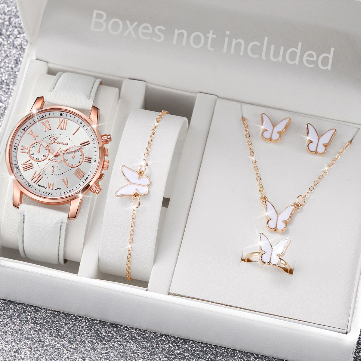 Fashion Girls Ladies Crystal Metal Dress Watches + Necklace Bracelets earrings Jewelry Sets Quartz Watches for School Girl students Daughters Sisters Friends Cool Birthday Gift Watches(Without Box)