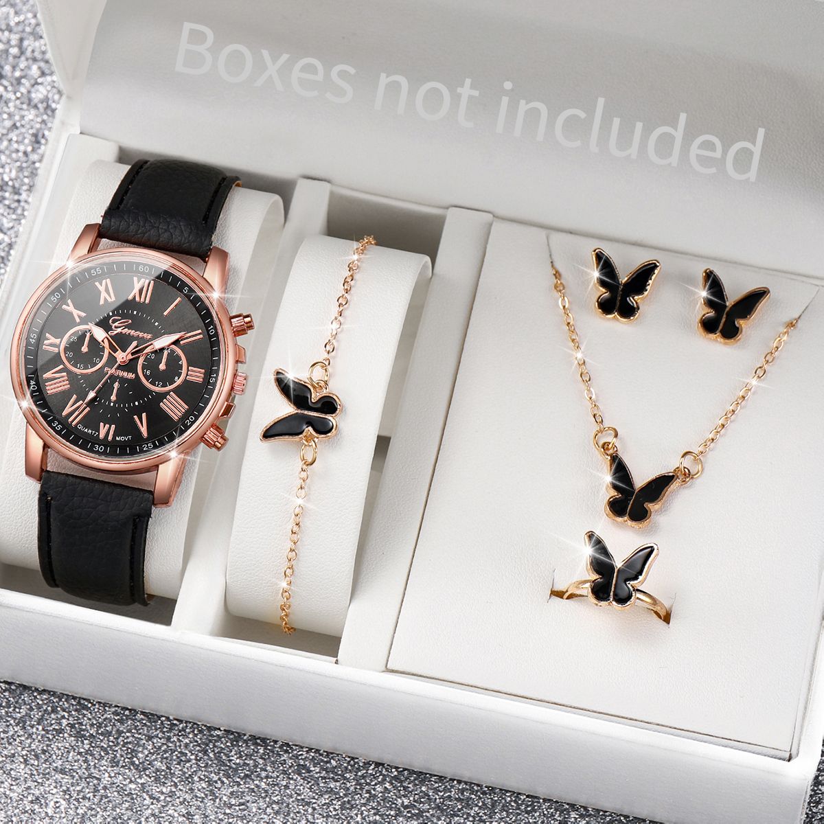 Fashion Girls Ladies Crystal Metal Dress Watches + Necklace Bracelets earrings Jewelry Sets Quartz Watches for School Girl students Daughters Sisters Friends Cool Birthday Gift Watches(Without Box)