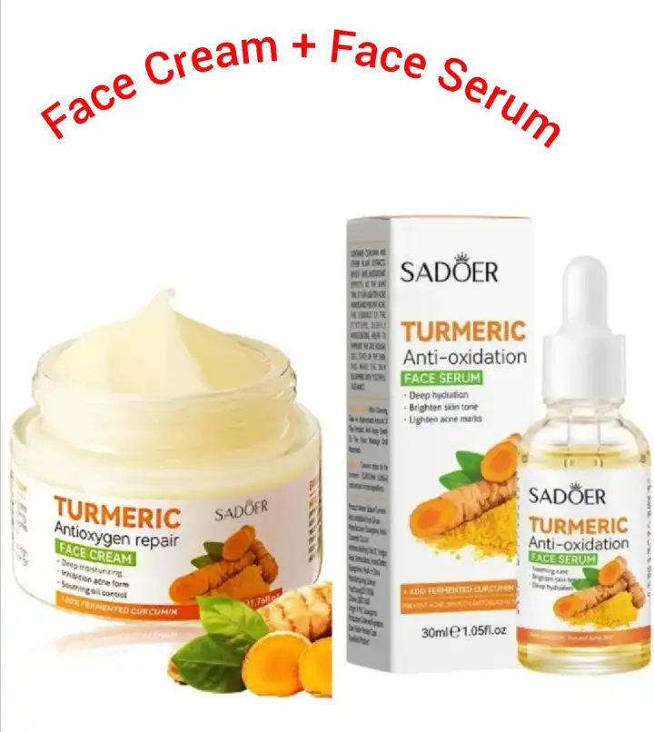 2 in 1, Sadoer Turmeric Cream + Tumeric Serum, the Combination of Sadoer Tumeric Cream and Turmeric Serum Guarantees Like Vitamin C, Deep Hydration, inhibits Acne formation, Lighten Acne Marks, Sooth