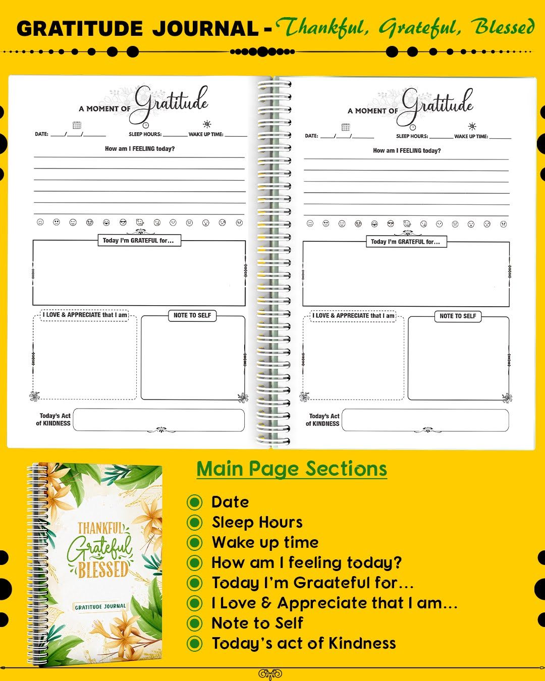 Gratitude Journal – Thankful, Grateful, Blessed | Feminine Woman Gift Idea | Journal | Work Gift Idea | Female Gift Idea | Travel Gift Idea