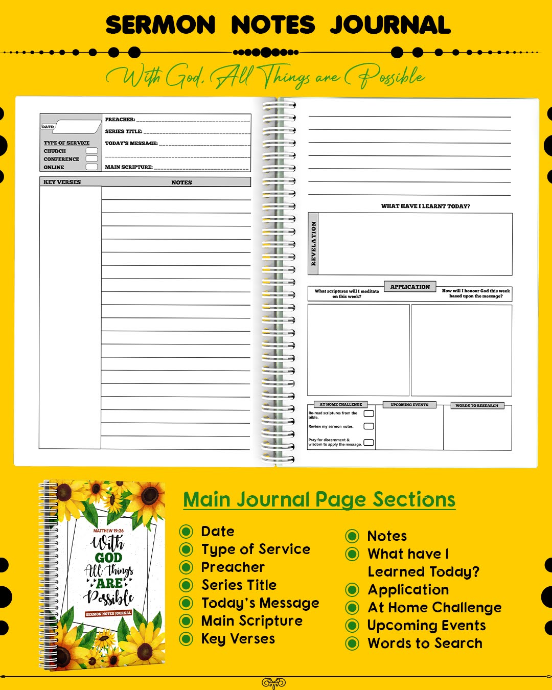 Sermon Notes Journal | With God All Things Are Possible | Live by Faith | Grow in Grace | Female Gift | Journal | Christian Gift | Work Gift Idea | Female Gift Idea | Travel Gift Idea