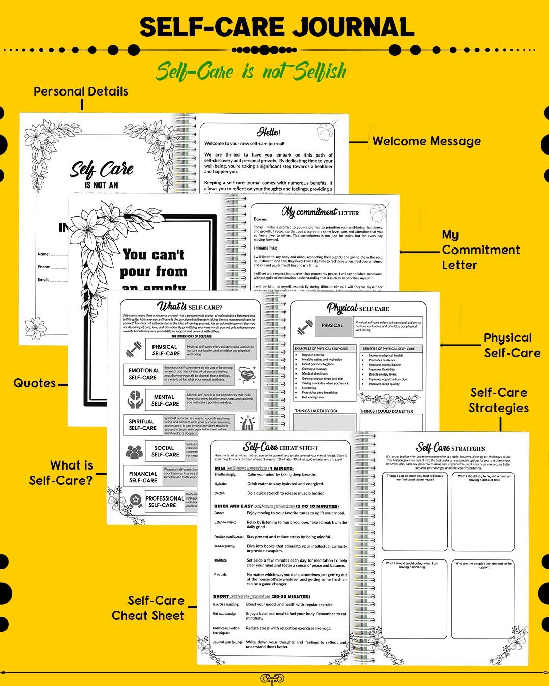 Self-Care Journal – Self Care is Not Selfish | Female Gift | Feminine Woman Gift Idea | Journal | Selfcare | Healing Journal