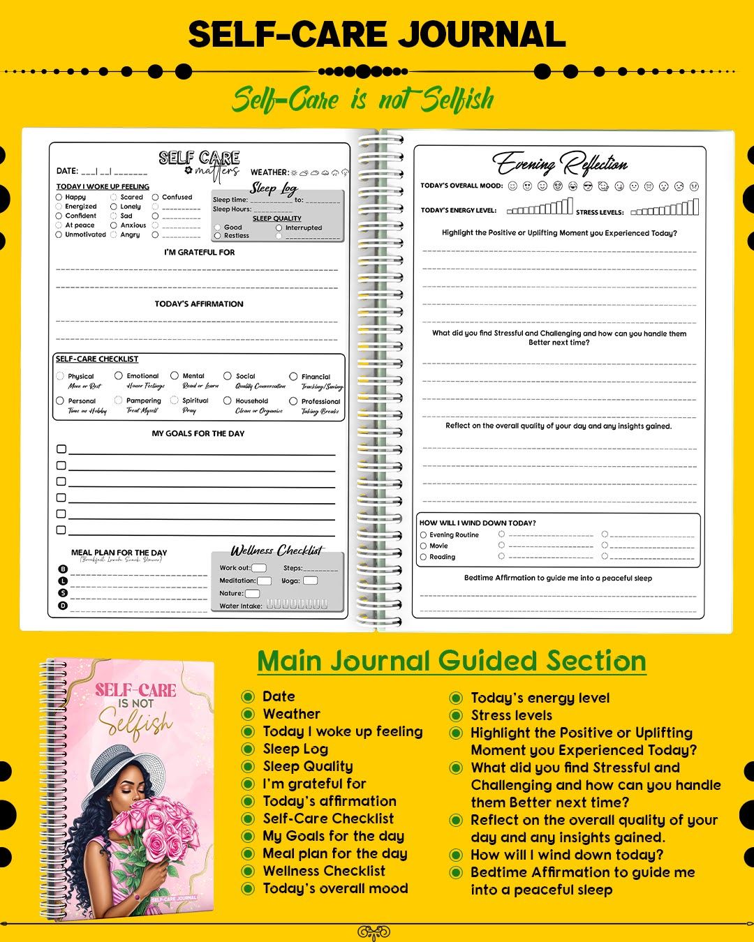 Self-Care Journal – Self Care is Not Selfish | Female Gift | Feminine Woman Gift Idea | Journal | Selfcare | Healing Journal