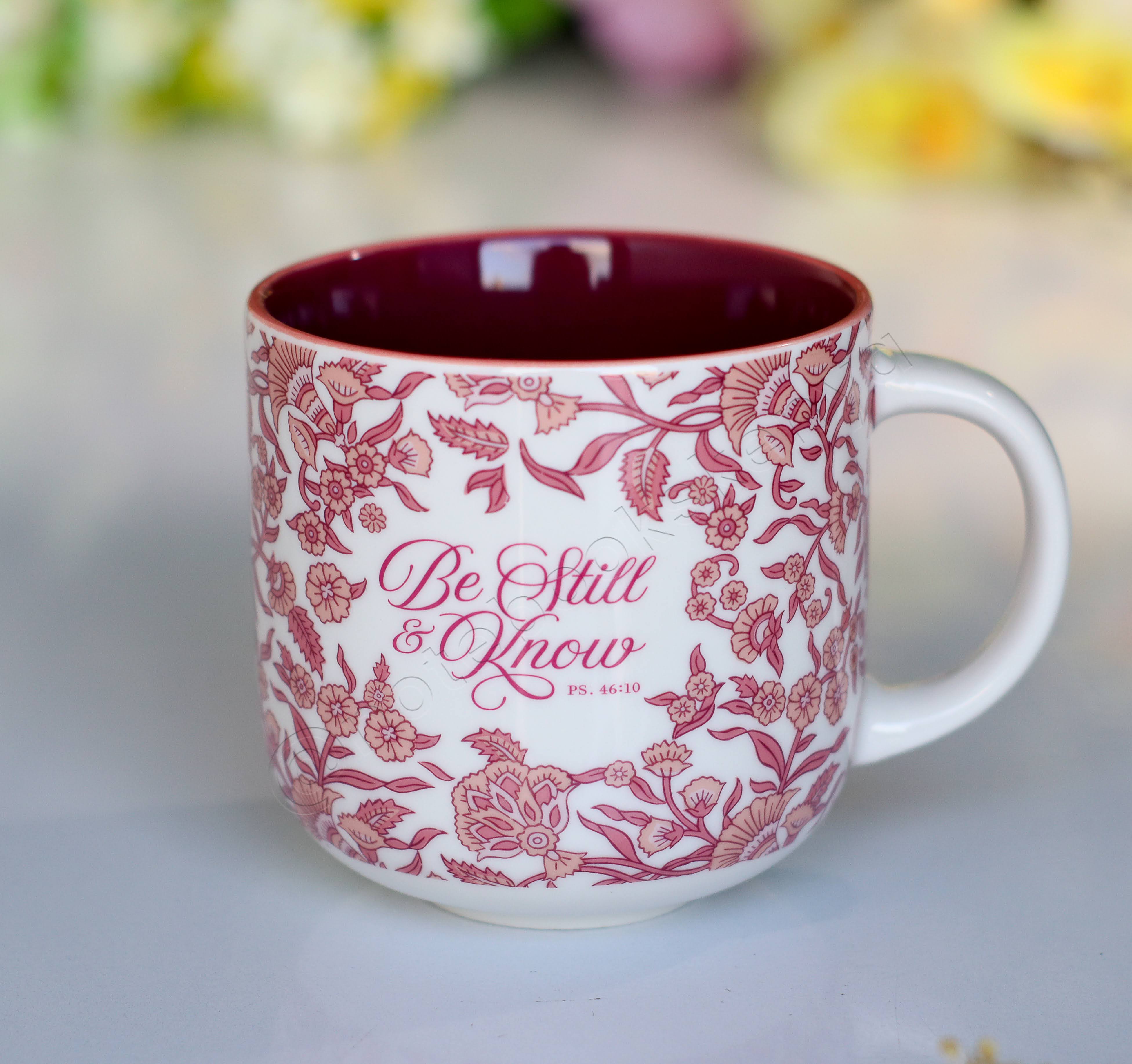 Be Still & Know – Ceramic Mug with Burgundy Interior | Christian Gift Idea | Gift Idea | Branded Coffee/ Tea Mug | Feminine Gift Idea | Work Gift Idea | Floral Mug/ Cup | Affirmations