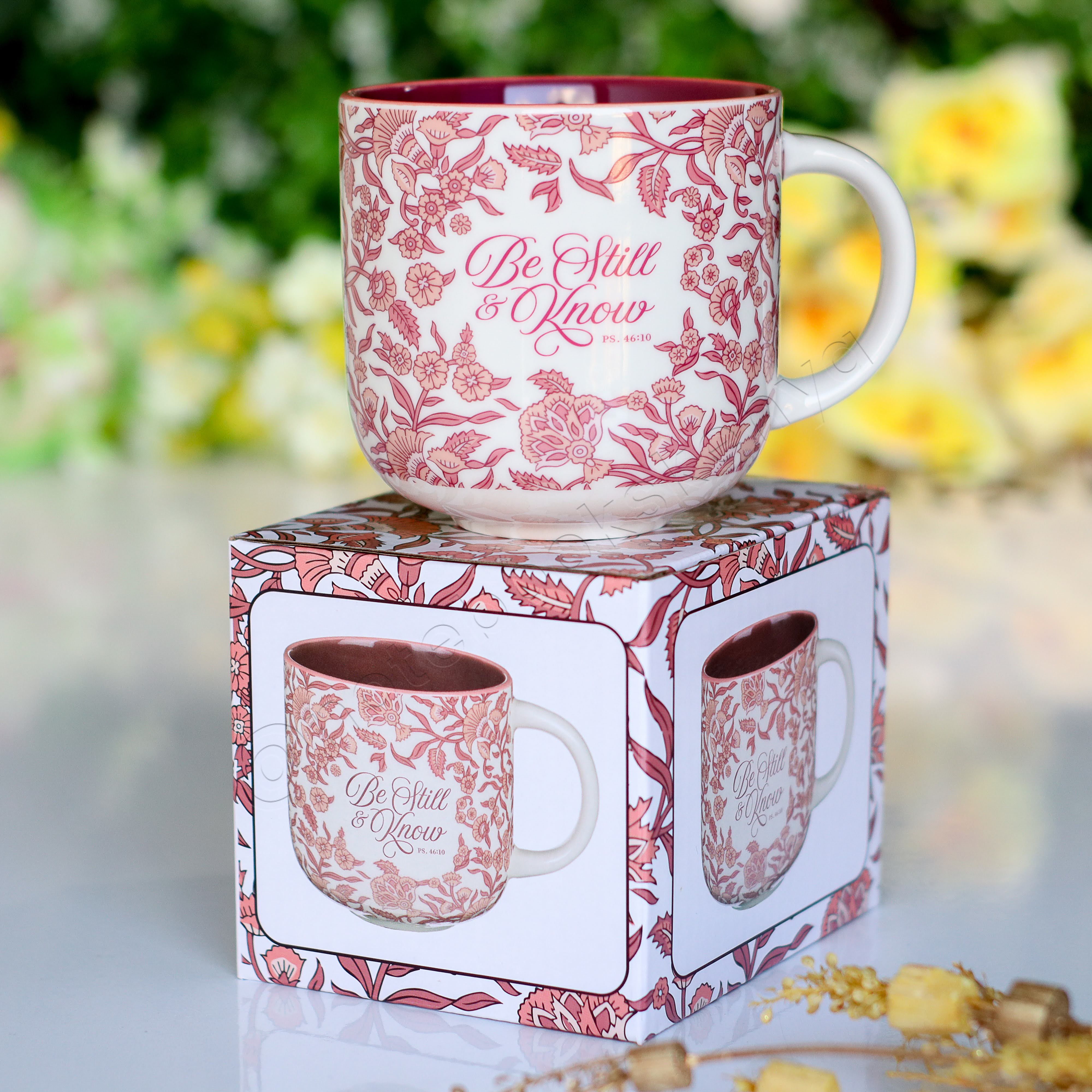 Be Still & Know – Ceramic Mug with Burgundy Interior | Christian Gift Idea | Gift Idea | Branded Coffee/ Tea Mug | Feminine Gift Idea | Work Gift Idea | Floral Mug/ Cup | Affirmations