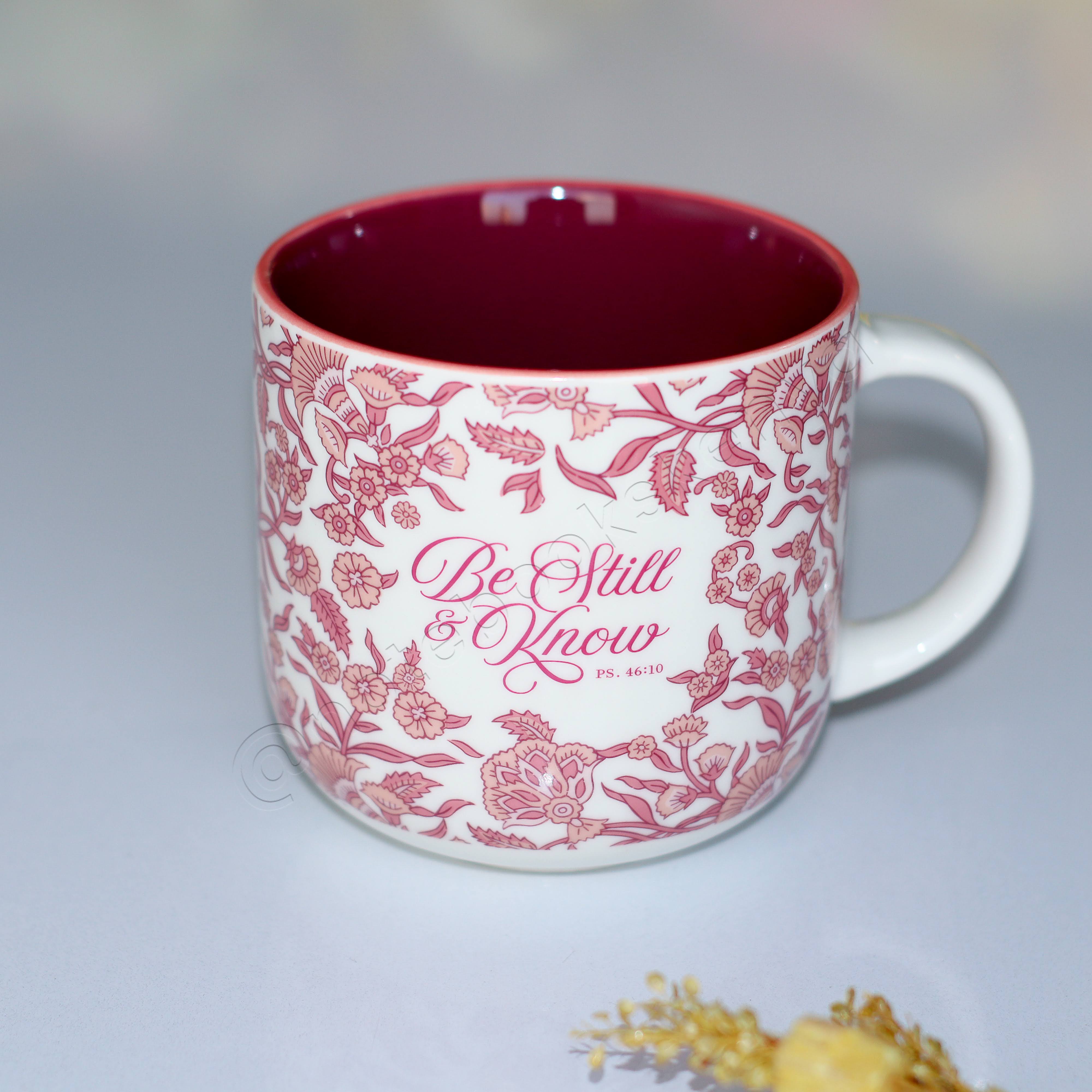 Be Still & Know – Ceramic Mug with Burgundy Interior | Christian Gift Idea | Gift Idea | Branded Coffee/ Tea Mug | Feminine Gift Idea | Work Gift Idea | Floral Mug/ Cup | Affirmations