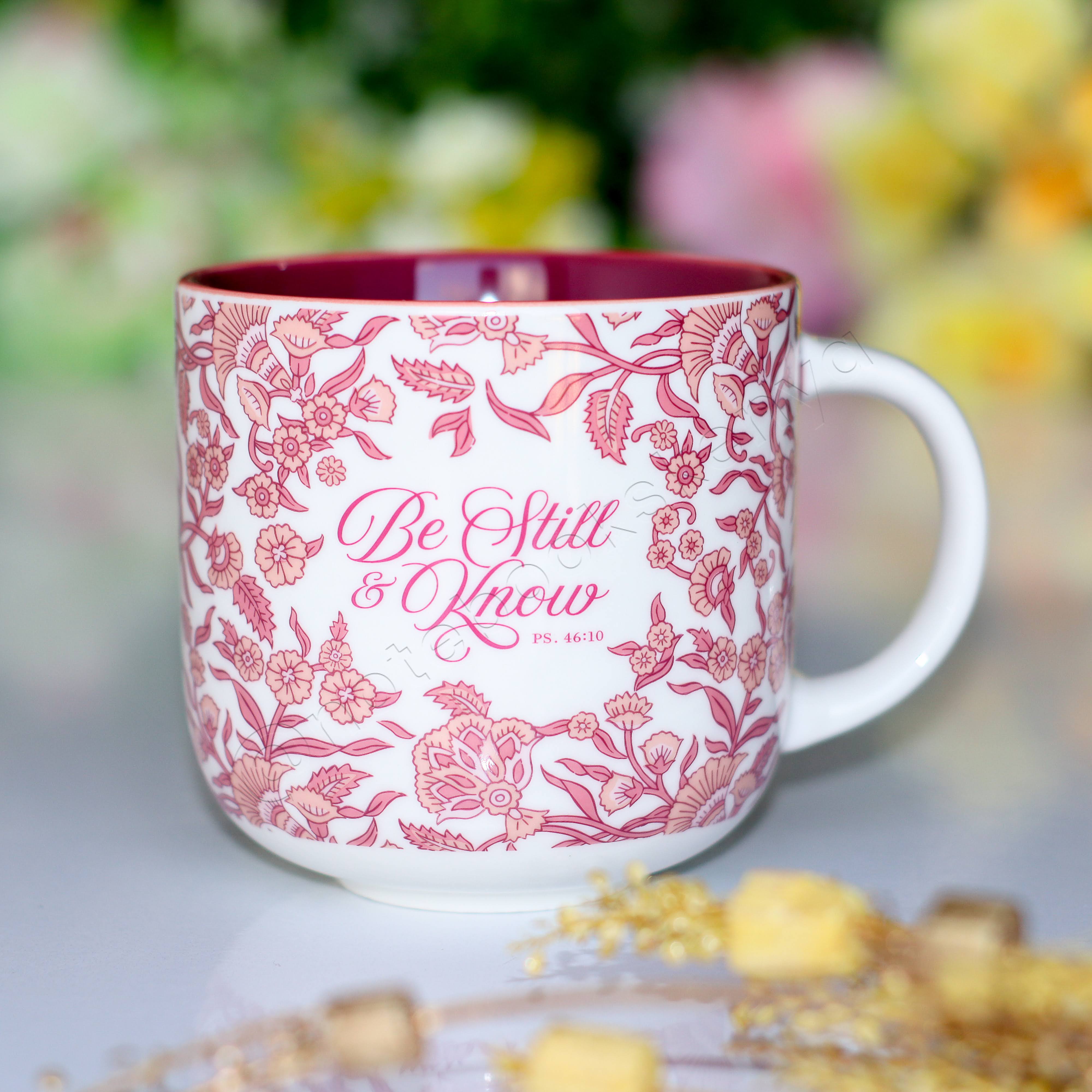 Be Still & Know – Ceramic Mug with Burgundy Interior | Christian Gift Idea | Gift Idea | Branded Coffee/ Tea Mug | Feminine Gift Idea | Work Gift Idea | Floral Mug/ Cup | Affirmations