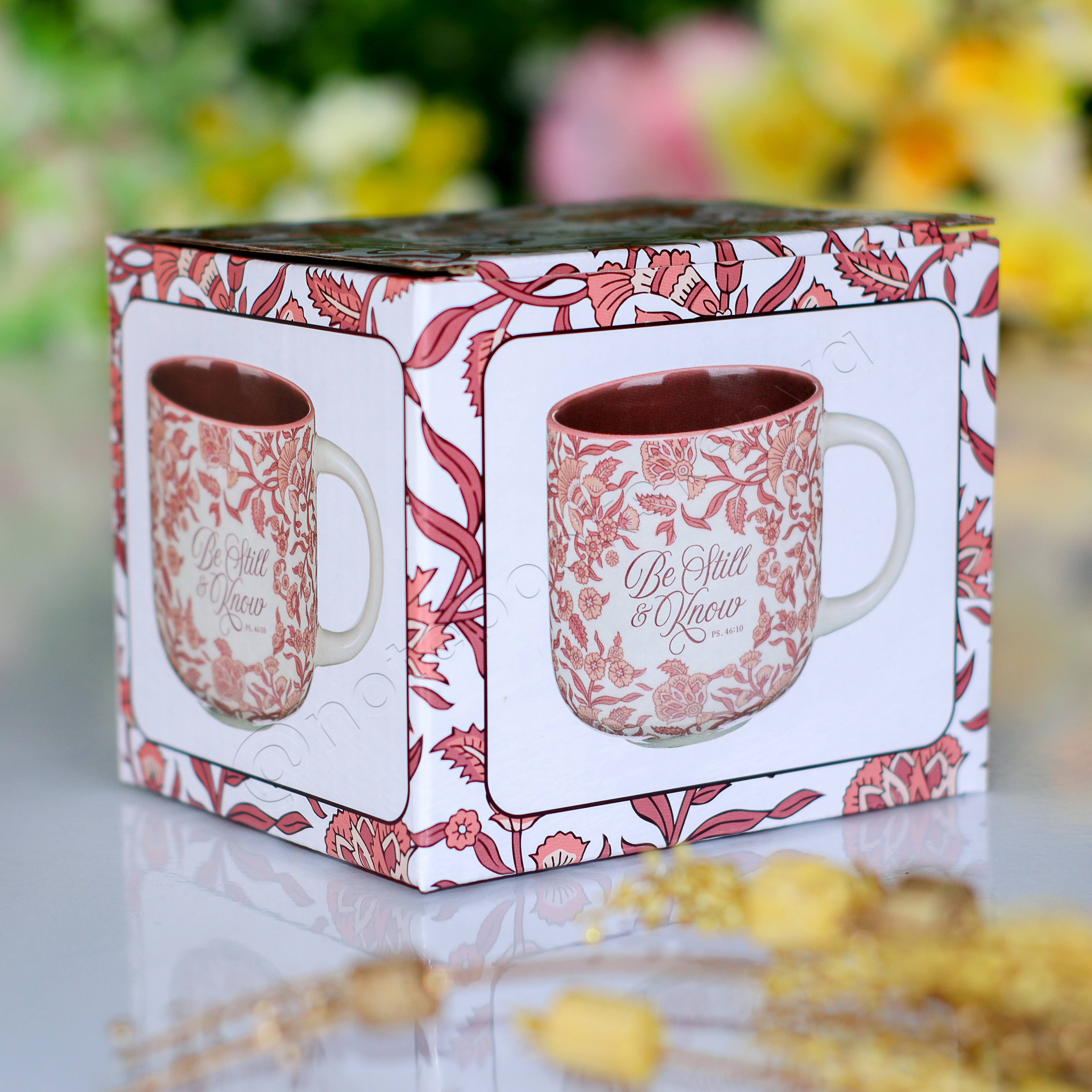 Be Still & Know – Ceramic Mug with Burgundy Interior | Christian Gift Idea | Gift Idea | Branded Coffee/ Tea Mug | Feminine Gift Idea | Work Gift Idea | Floral Mug/ Cup | Affirmations