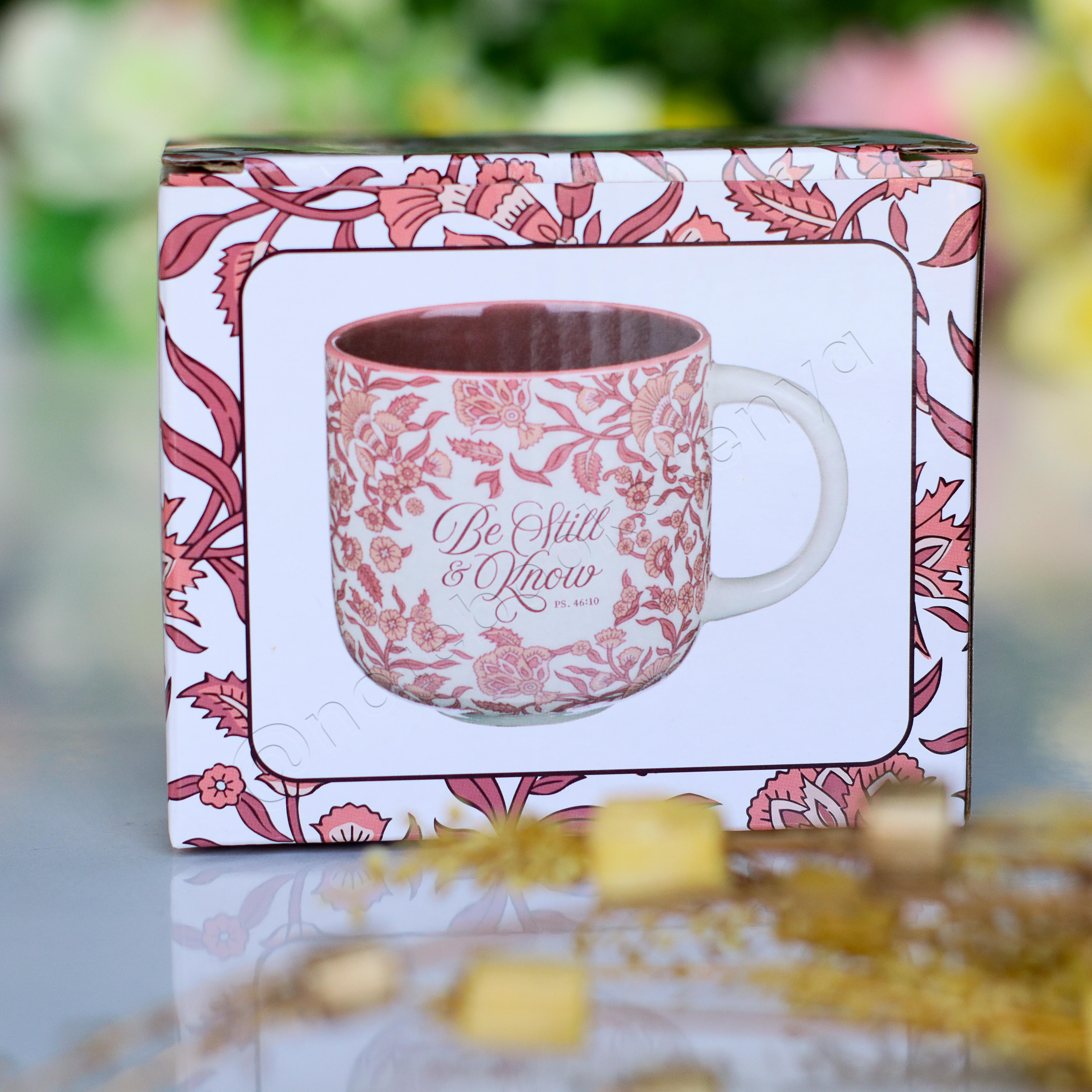Be Still & Know – Ceramic Mug with Burgundy Interior | Christian Gift Idea | Gift Idea | Branded Coffee/ Tea Mug | Feminine Gift Idea | Work Gift Idea | Floral Mug/ Cup | Affirmations