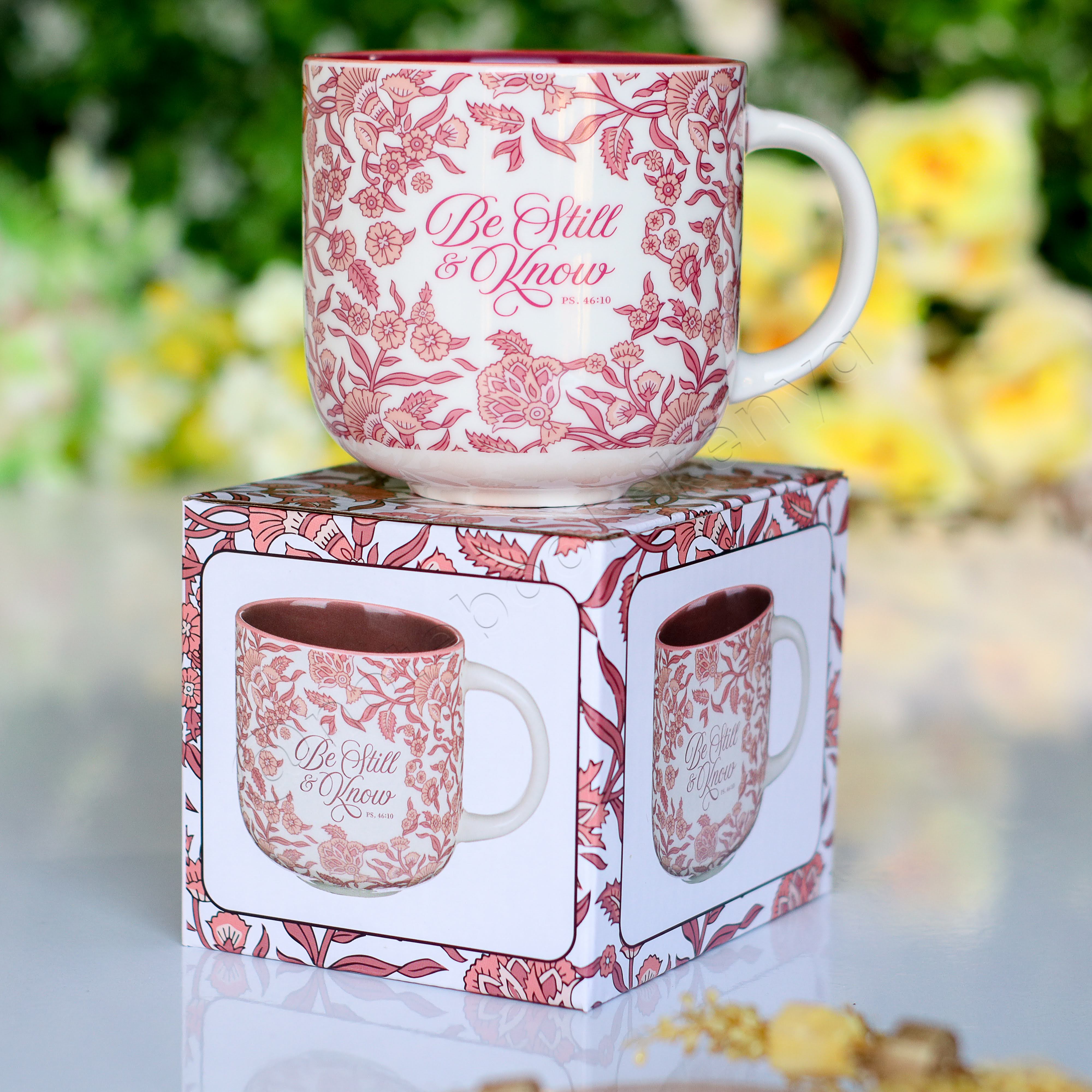 Be Still & Know – Ceramic Mug with Burgundy Interior | Christian Gift Idea | Gift Idea | Branded Coffee/ Tea Mug | Feminine Gift Idea | Work Gift Idea | Floral Mug/ Cup | Affirmations