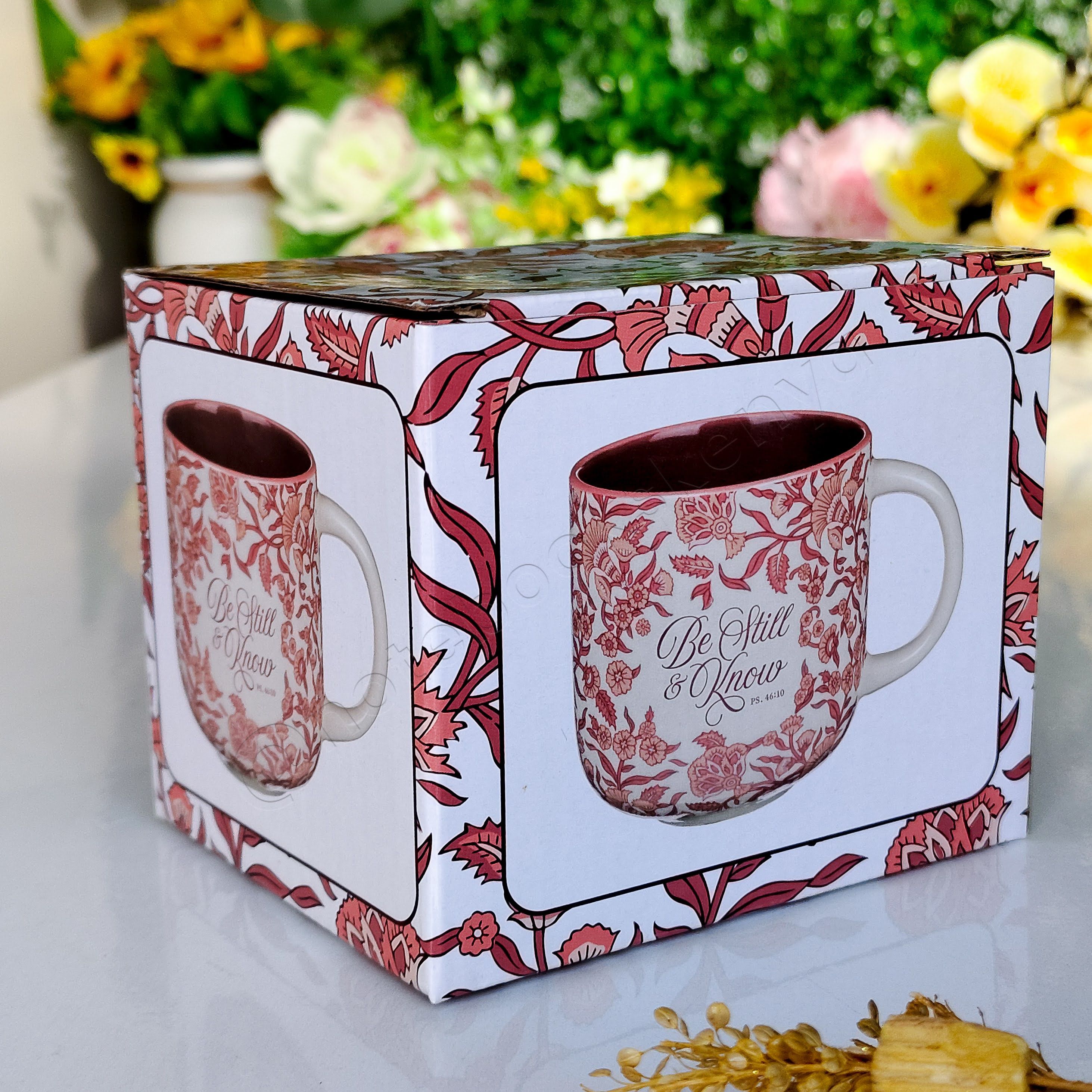 Be Still & Know – Ceramic Mug with Burgundy Interior | Christian Gift Idea | Gift Idea | Branded Coffee/ Tea Mug | Feminine Gift Idea | Work Gift Idea | Floral Mug/ Cup | Affirmations