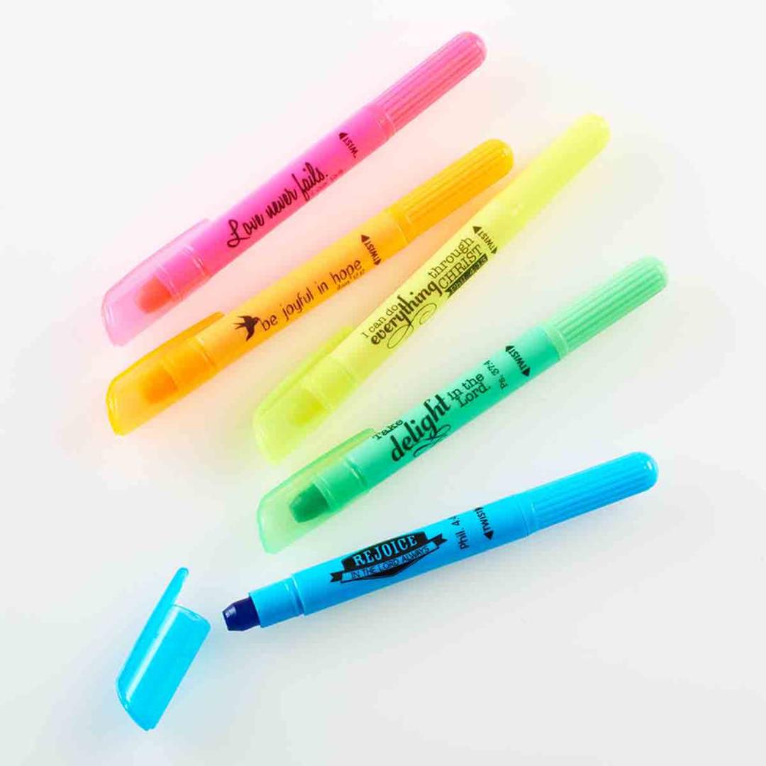Twist And Glide Highlighter Stationery Set | Color Marker Set Of 5 Highlighter Pens | Bible Highlighters | No Leak Highlighter Set | Scripture Themed Set | Office School Supplies Highlighters