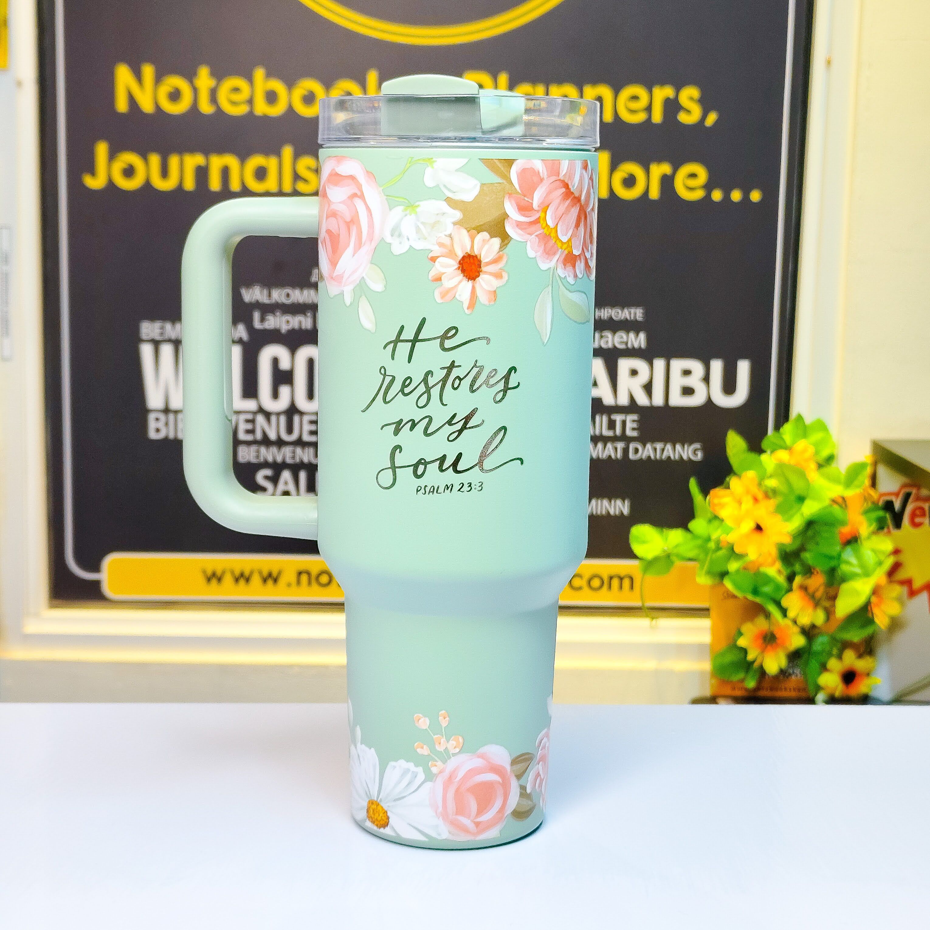 He Restores My Soul Travel Mug 1.18 Liters | Water bottle | Stainless Steel | Scripture Travel Tumbler | Green Travel Tumbler