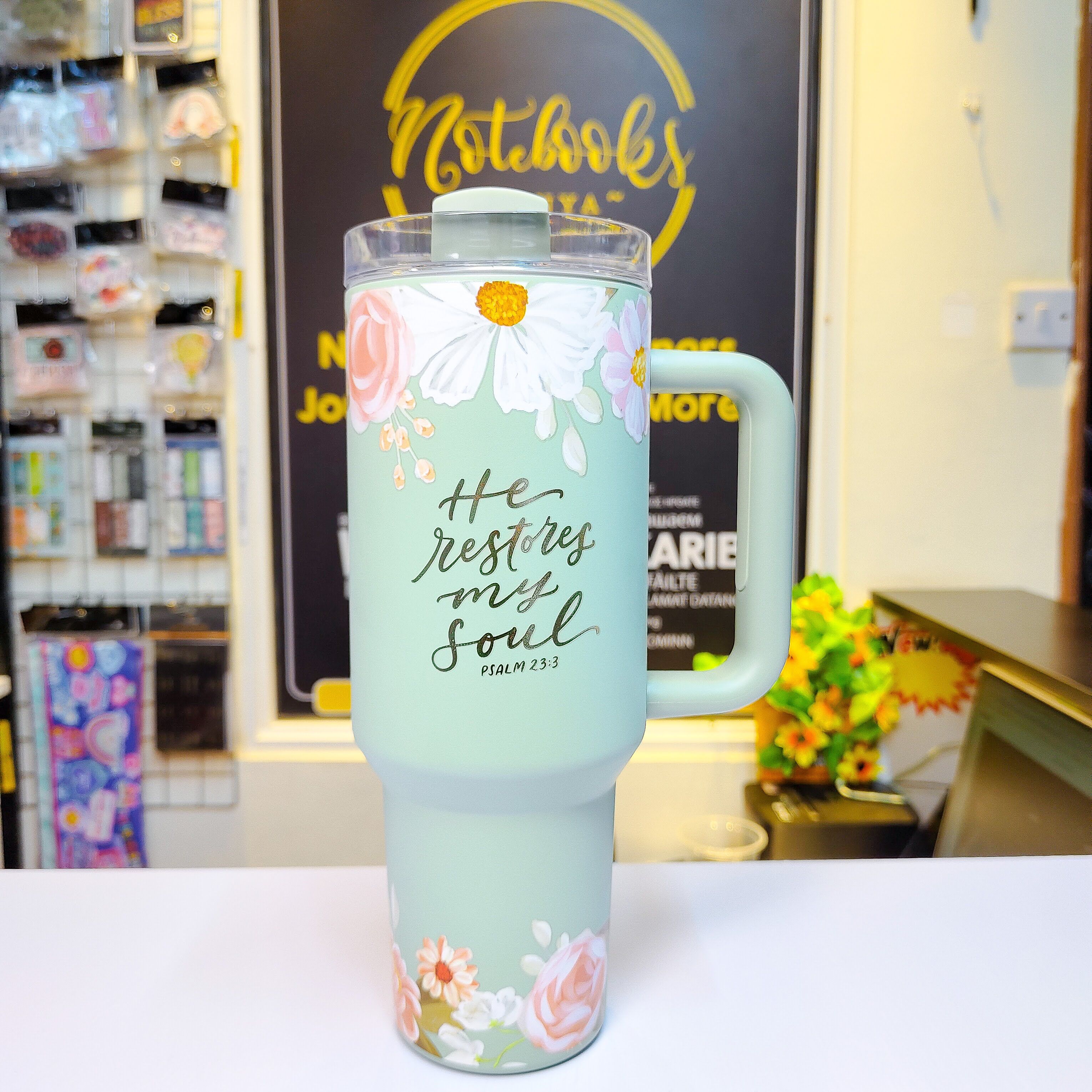 He Restores My Soul Travel Mug 1.18 Liters | Water bottle | Stainless Steel | Scripture Travel Tumbler | Green Travel Tumbler