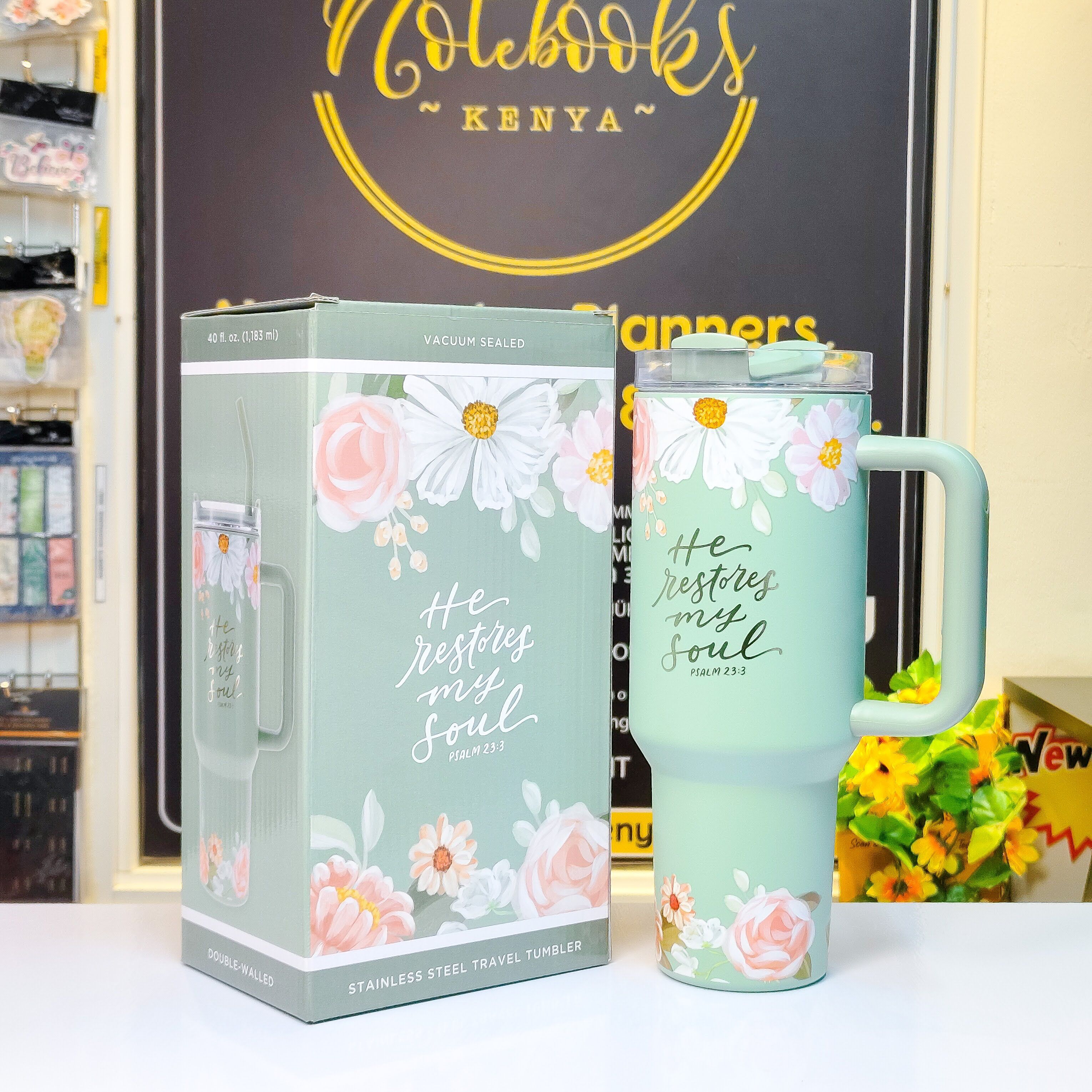 He Restores My Soul Travel Mug 1.18 Liters | Water bottle | Stainless Steel | Scripture Travel Tumbler | Green Travel Tumbler