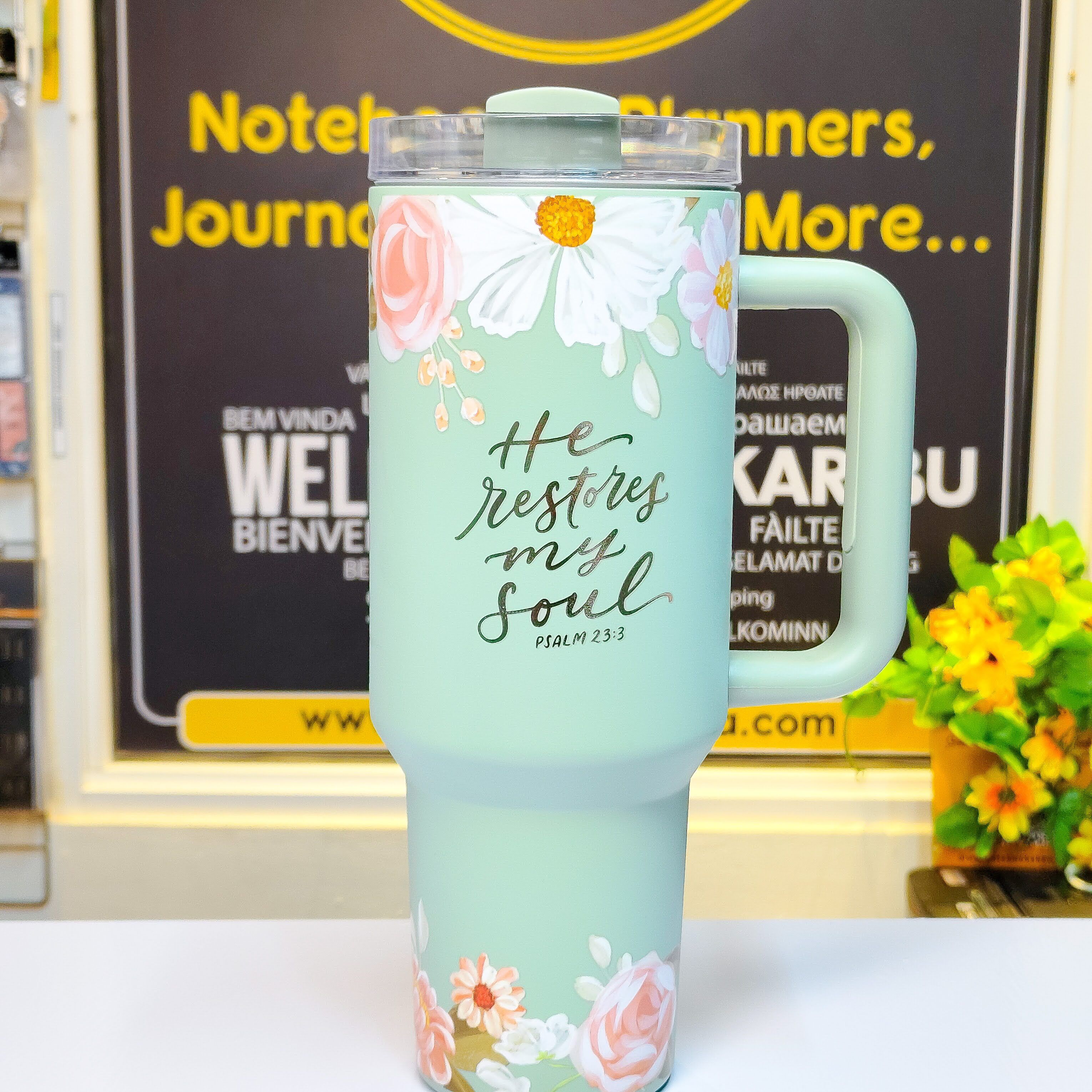 He Restores My Soul Travel Mug 1.18 Liters | Water bottle | Stainless Steel | Scripture Travel Tumbler | Green Travel Tumbler