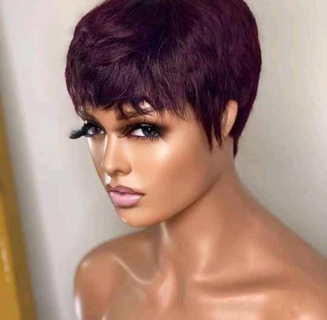 Short pixie Human hair wig__burgundy