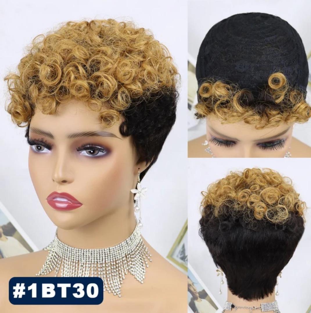 Limited Offer  short pixie wig black with brown curls on top