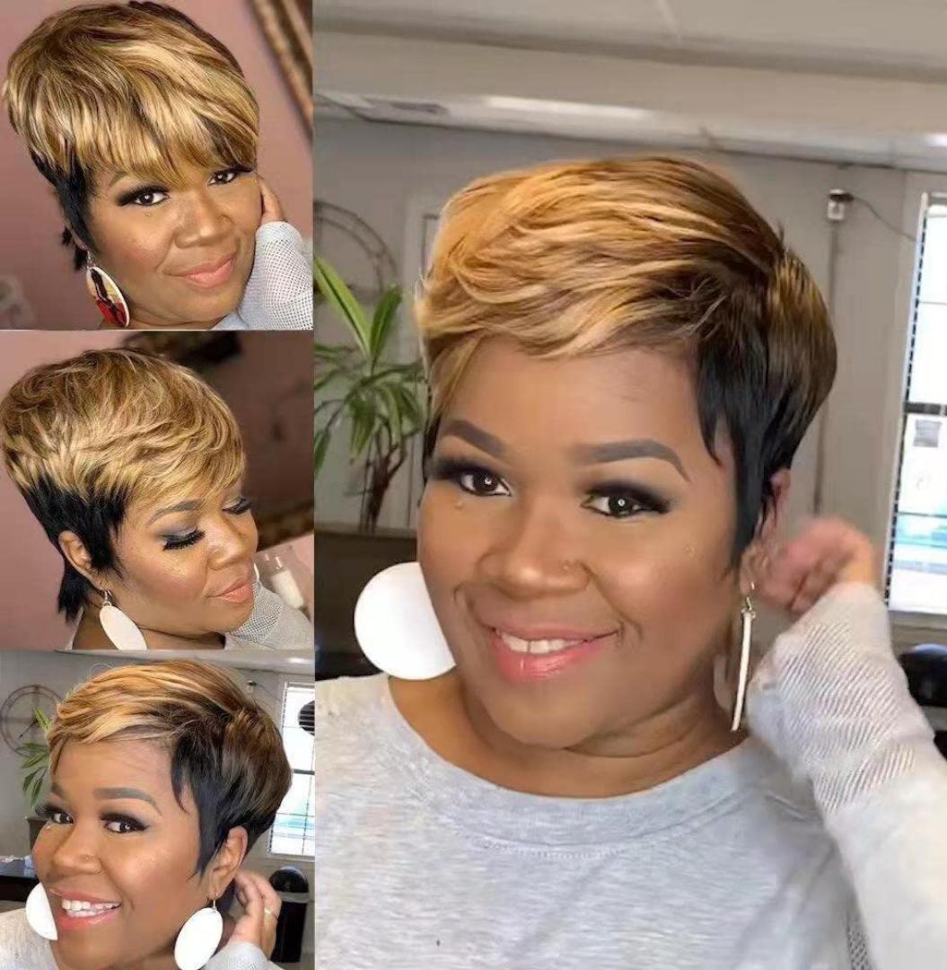 Elegant semi human hair Pixie wig black and brown