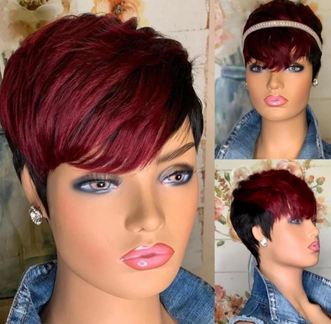 Glueless semi human ombre red pixie wig.