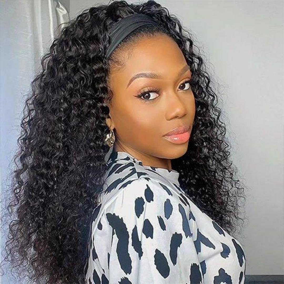 Fashion Human hair blend long headband water wave wig _bkack