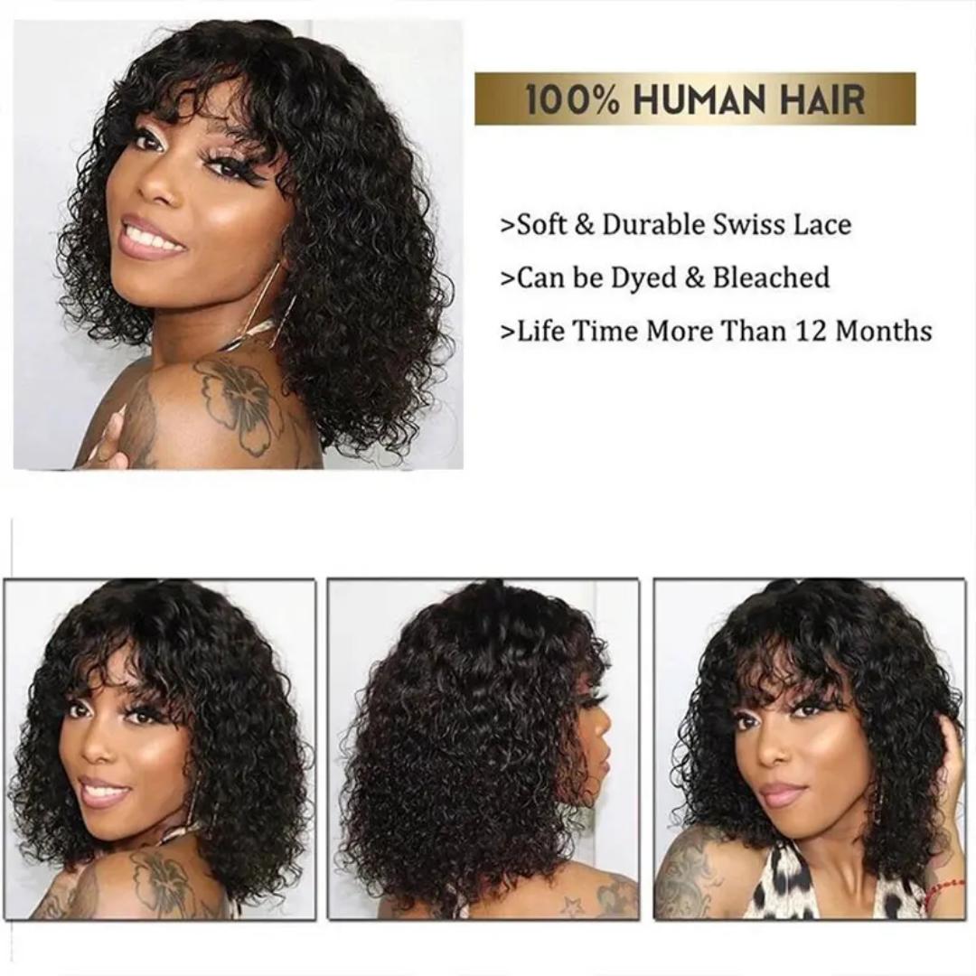 Trendy  human hair blend Waterwave bob wig with bangs_black