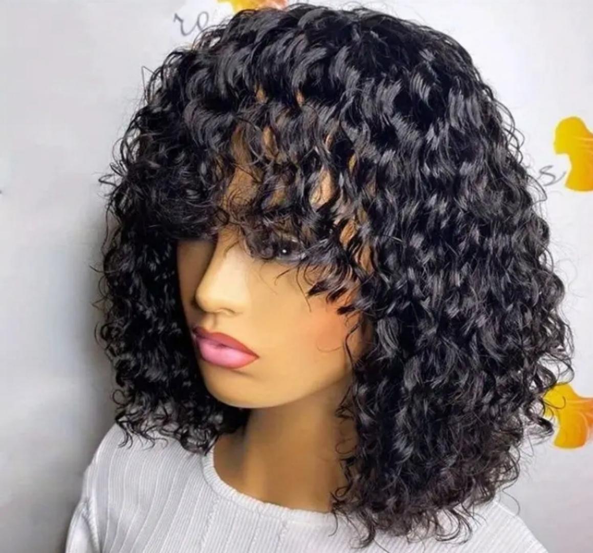 Trendy  human hair blend Waterwave bob wig with bangs_black