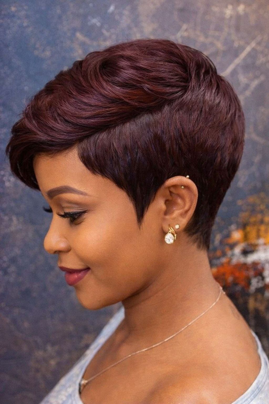 Elegant human hair. Burgundy bonded pixie wig with comfortable elastic cap