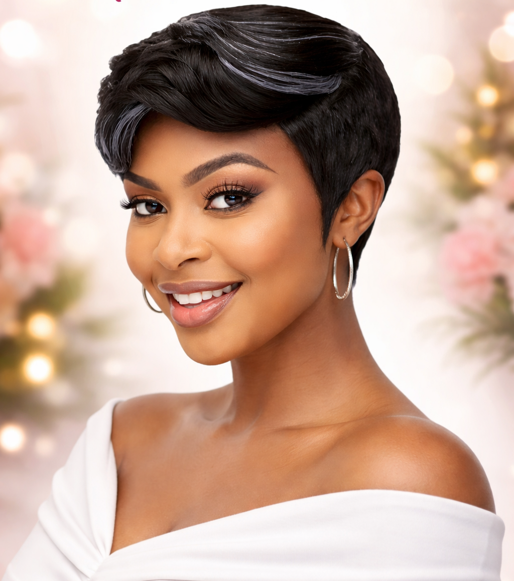 Elegant human hair black pixie wig with grey patches with bonded elastic cap that fits perfectly
