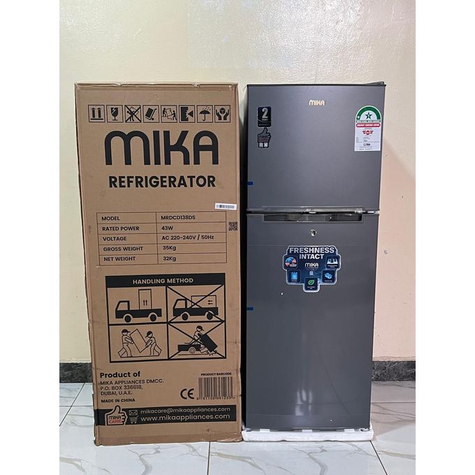 Mika 138L Double Door Refrigerator Top Mounted Freezer 2 Star Energy Rating Direct Cool Deodorizer-Smell Buster -Inox with gifted fridge guard