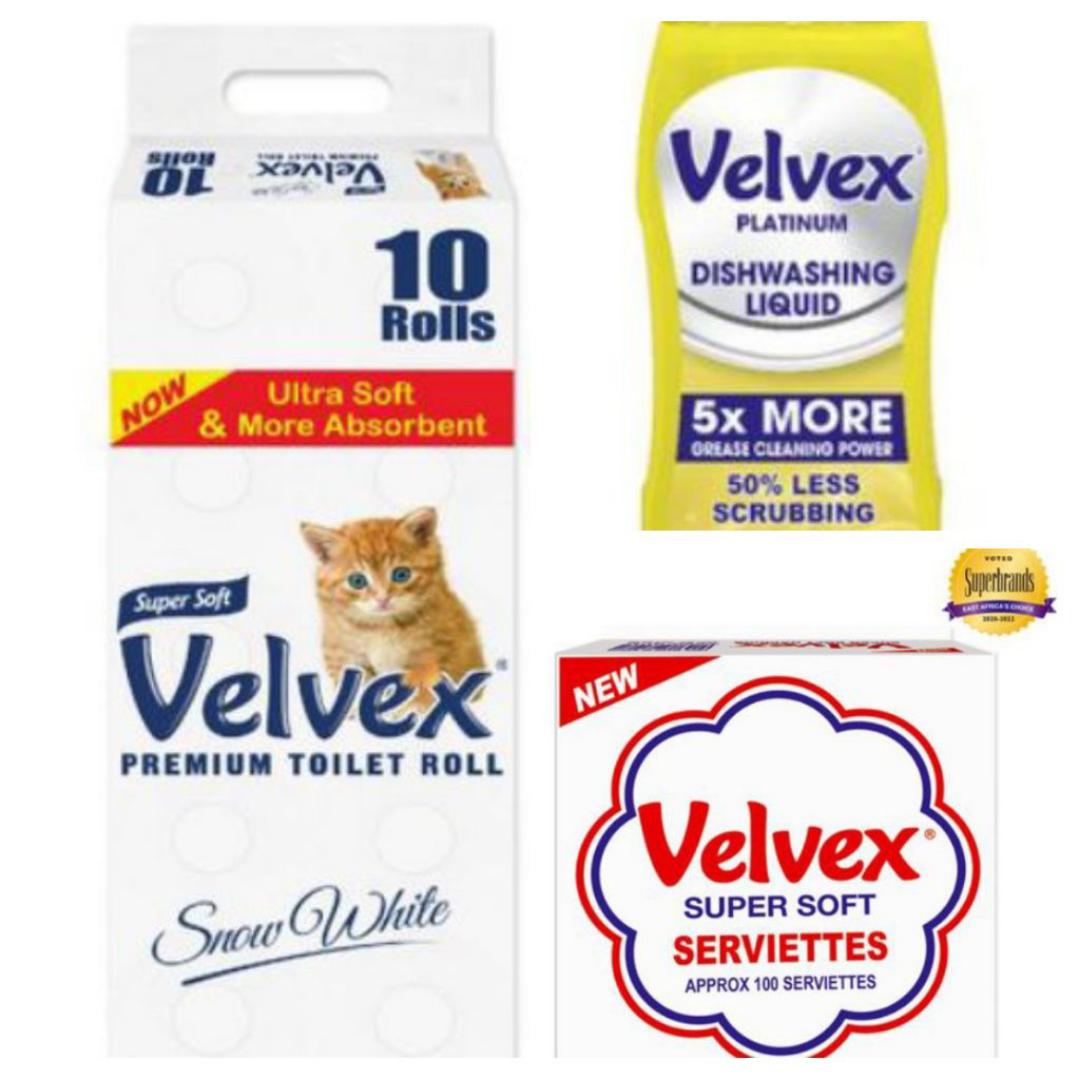 White velvex premium white roll +velvex soft serviettes+ velvex dishwashing liquid