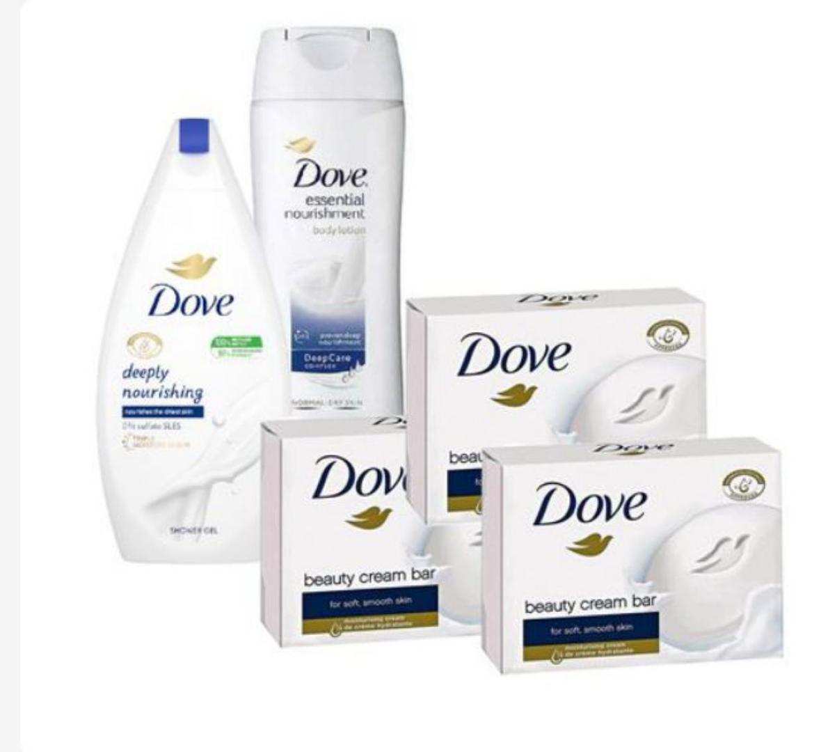 Dove Beauty cream bar soaps-3 PCs,deep nourishing shower gel 500ml& essential nourishment body lotion 250ml