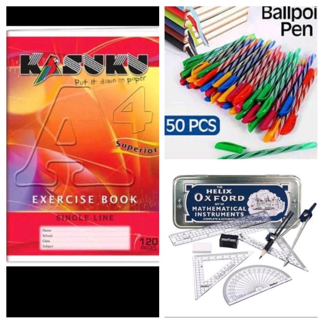 A4 kasuku exercise books 120 pages 11 single line 1 square line+ Helix Oxford mathematical instruments set+ 50 ball pens