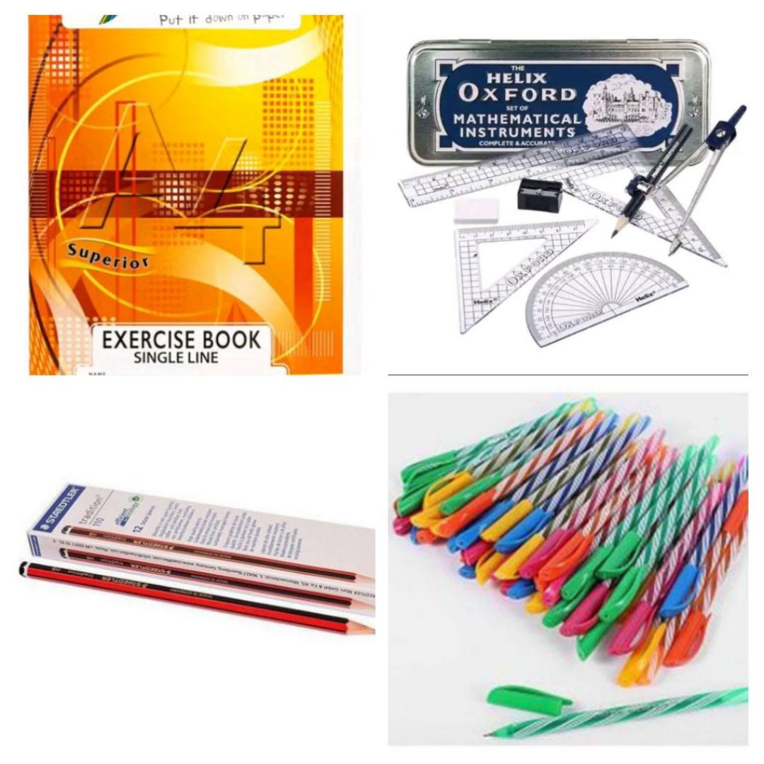 12 Kasuku exercise books A4- 200 pages(10 single line+2 squared)+20 ball pens (10 blue,5 black,5 red)5 Steandler pencils+ Oxford mathematical instruments set