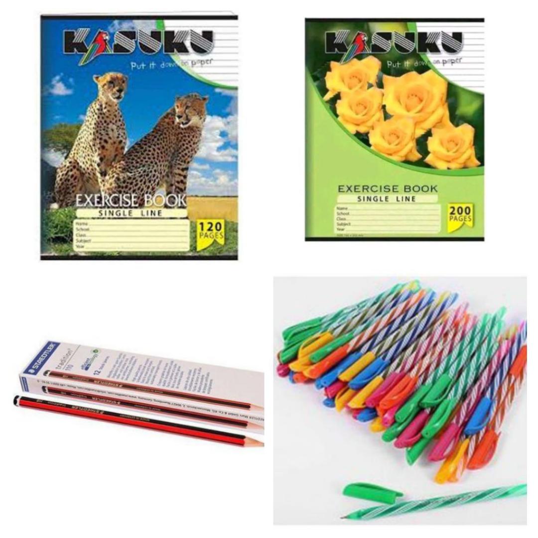 12 kasuku A5 exercise books 200 pages( 11 single line+1 square line)+12 A5 kasuku exercise books 120 pages(11 single line+ 1 square line)+40 Obama ball pens( 30 blue,5 red,5 black) + 20 HB pencils