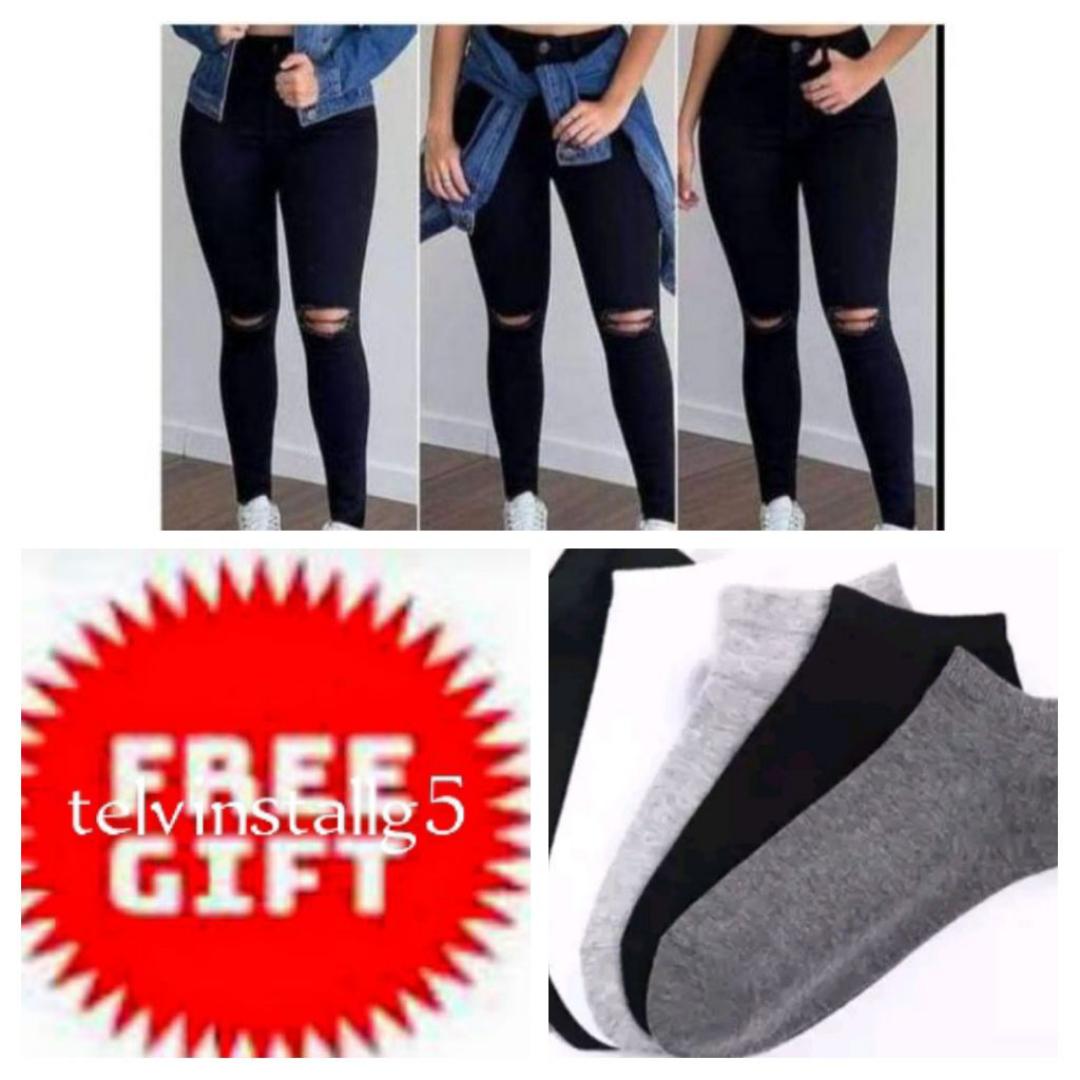 Free Gift pair of ankle socks+Fitting slim girl one cut shaping denim trouser for ladies