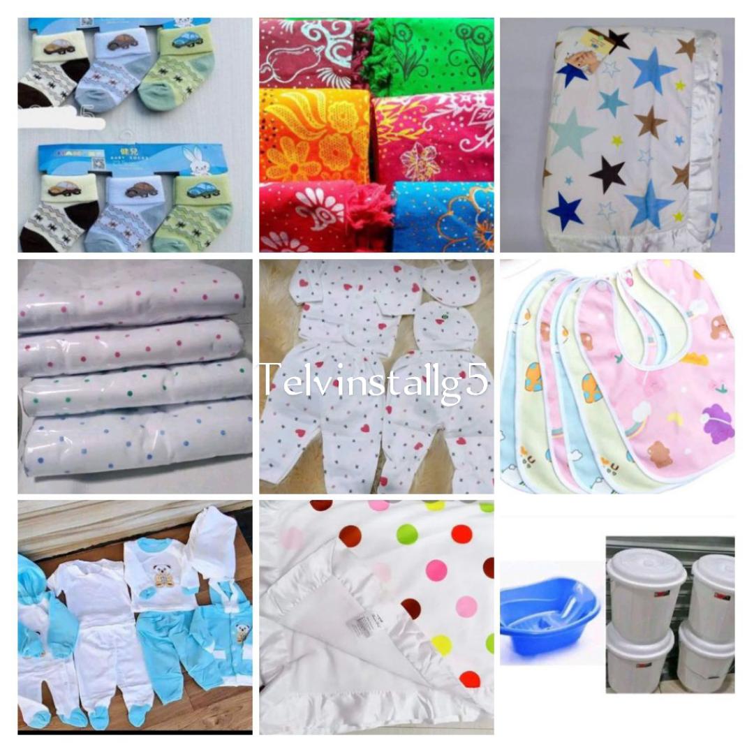 2 baby blanket ( dotted + star fashion),Baby receiving set(8 pieces)+2 baby receiving set ( 5 pieces+ 2 big baby wrappers + 3 baby feeders +1 baby basin +2 bucket+2 printed lessos+ 6 pairs of socks)