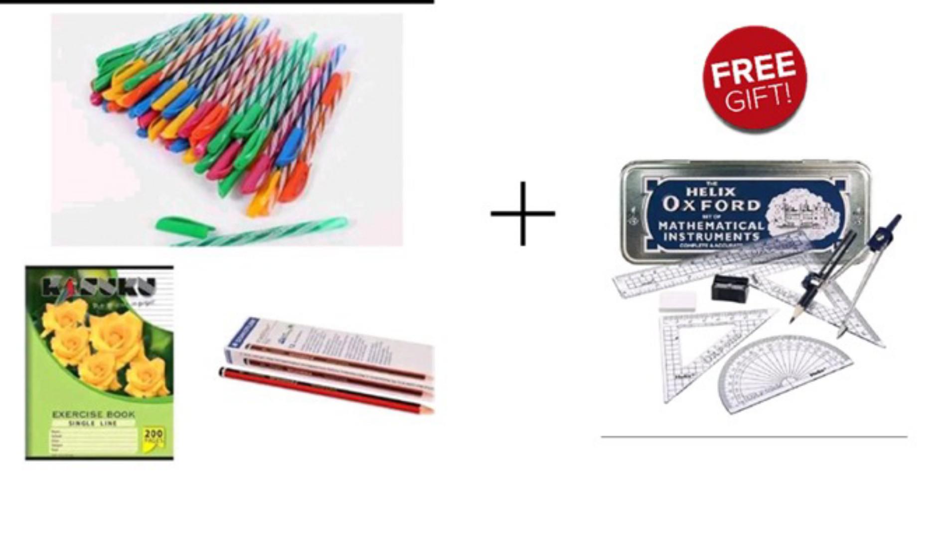 (FREE GIFTS Oxford set +6 RUBBERS+ 4 SHARPENERS ) 48 A5 kasuku exercise books ( 40 single line,8 square line)+ 80 ball pens ( 60 blue,10 black,10 red)+40 stendler HB pencils.