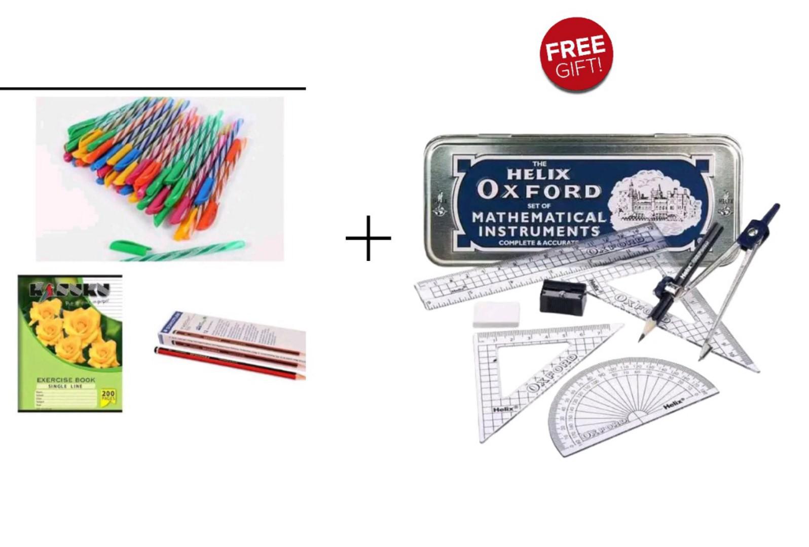 (FREE GIFTS Oxford set +6 RUBBERS+ 4 SHARPENERS ) 48 A5 kasuku exercise books ( 40 single line,8 square line)+ 80 ball pens ( 60 blue,10 black,10 red)+40 stendler HB pencils.