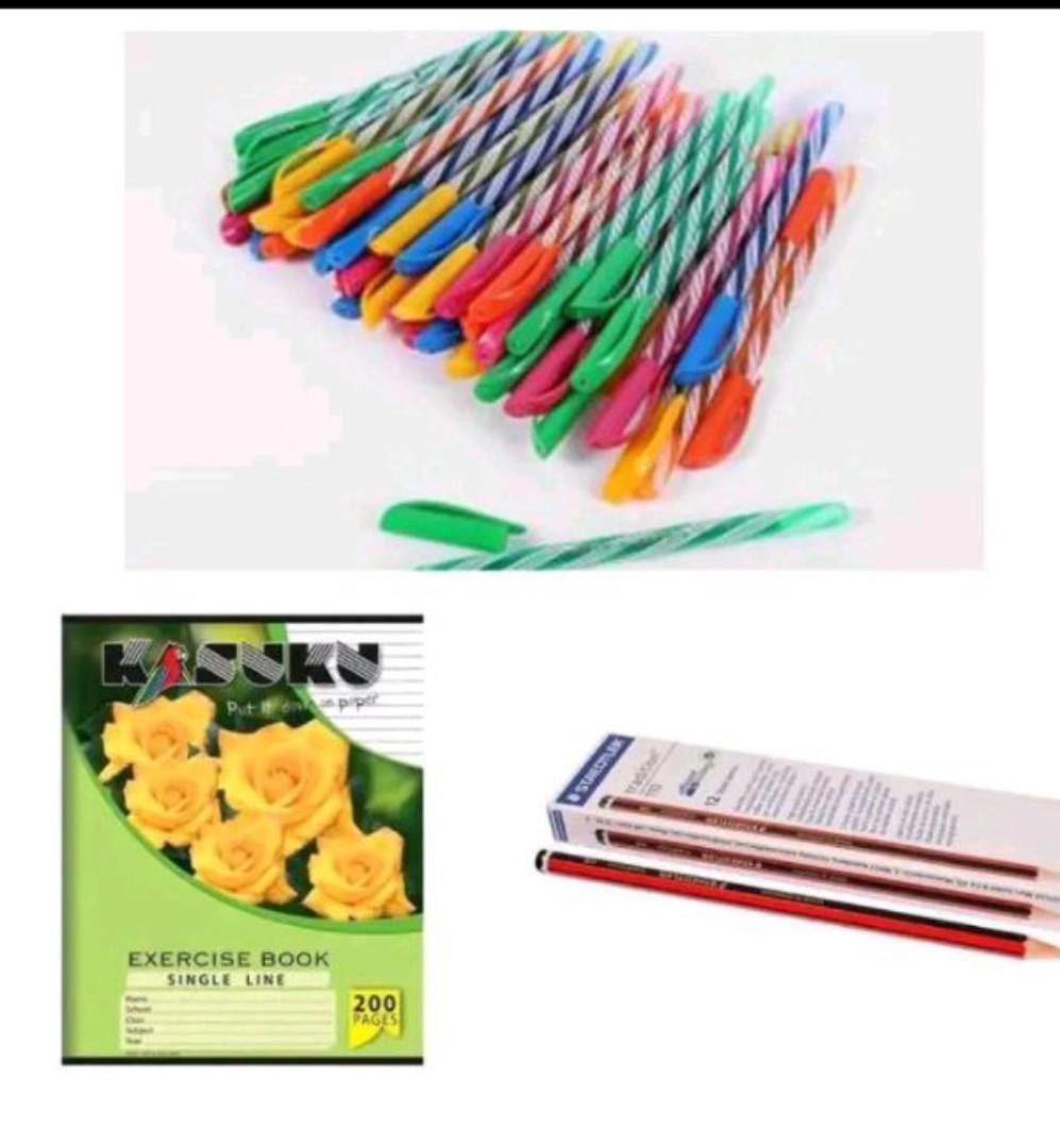 (FREE GIFTS Oxford set +6 RUBBERS+ 4 SHARPENERS ) 48 A5 kasuku exercise books ( 40 single line,8 square line)+ 80 ball pens ( 60 blue,10 black,10 red)+40 stendler HB pencils.