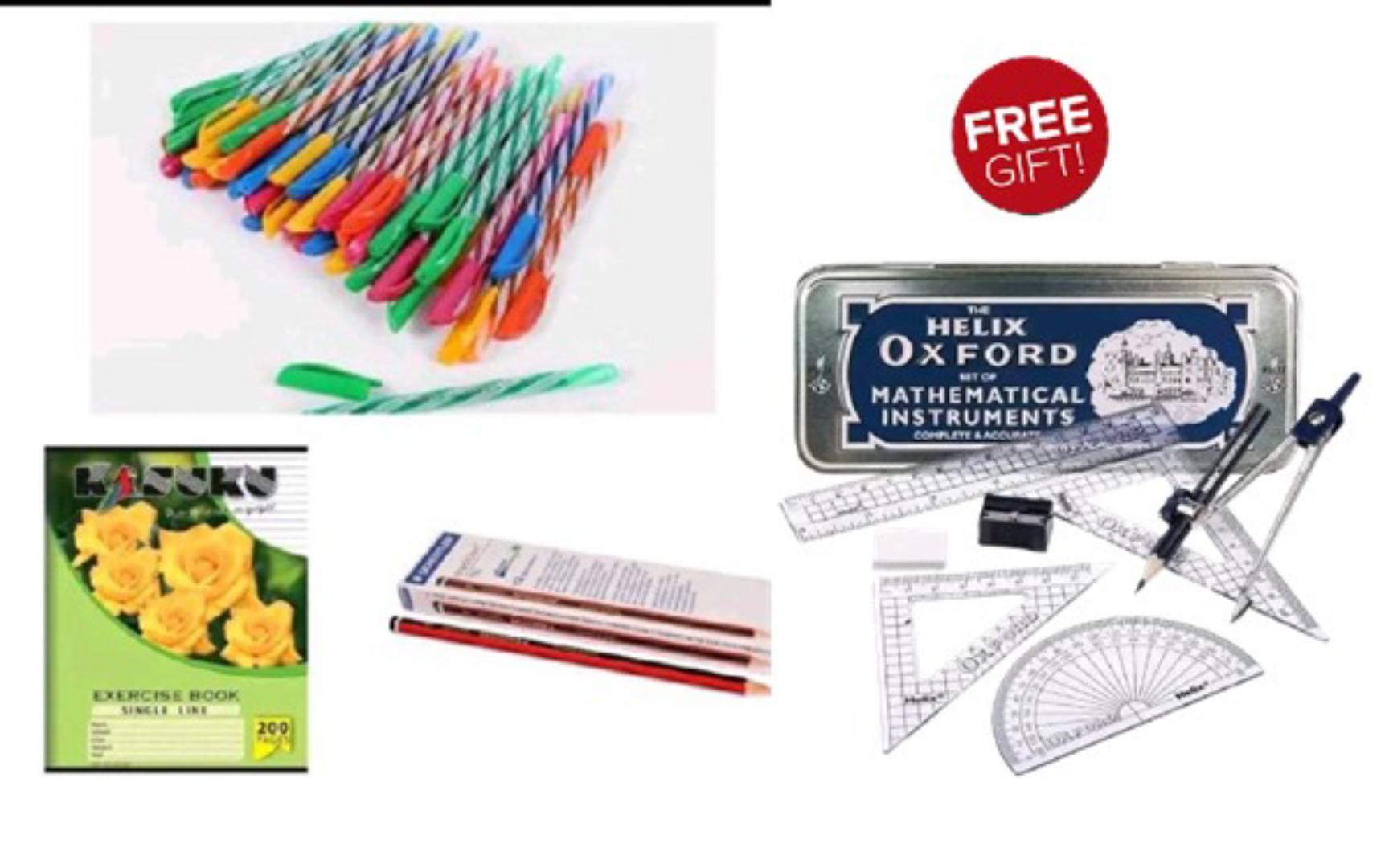(FREE GIFTS Oxford set +6 RUBBERS+ 4 SHARPENERS ) 48 A5 kasuku exercise books ( 40 single line,8 square line)+ 80 ball pens ( 60 blue,10 black,10 red)+40 stendler HB pencils.