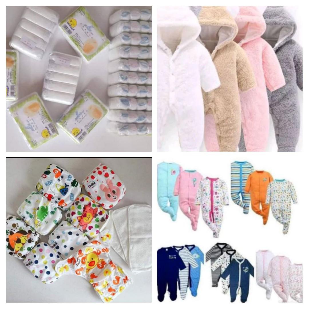 1 Heavy baby Rompers + 3 light baby rompers different colours+  2 sets washable baby Diapers (3 nappies in a set)+ 3 disposable pants sets( 5 pant pieces in a set)