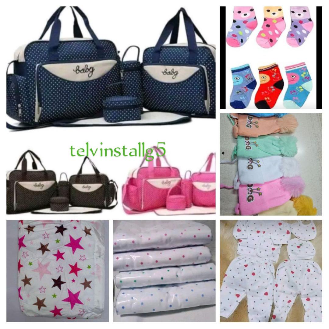 Baby receiving set: Diapers bag 5 in 1 +Baby blanket star fashion + warm woolen baby  wrapper dotted+Lucky star  baby suit 5 pieces + 2 baby muffins different colours + 3 newborn baby socks