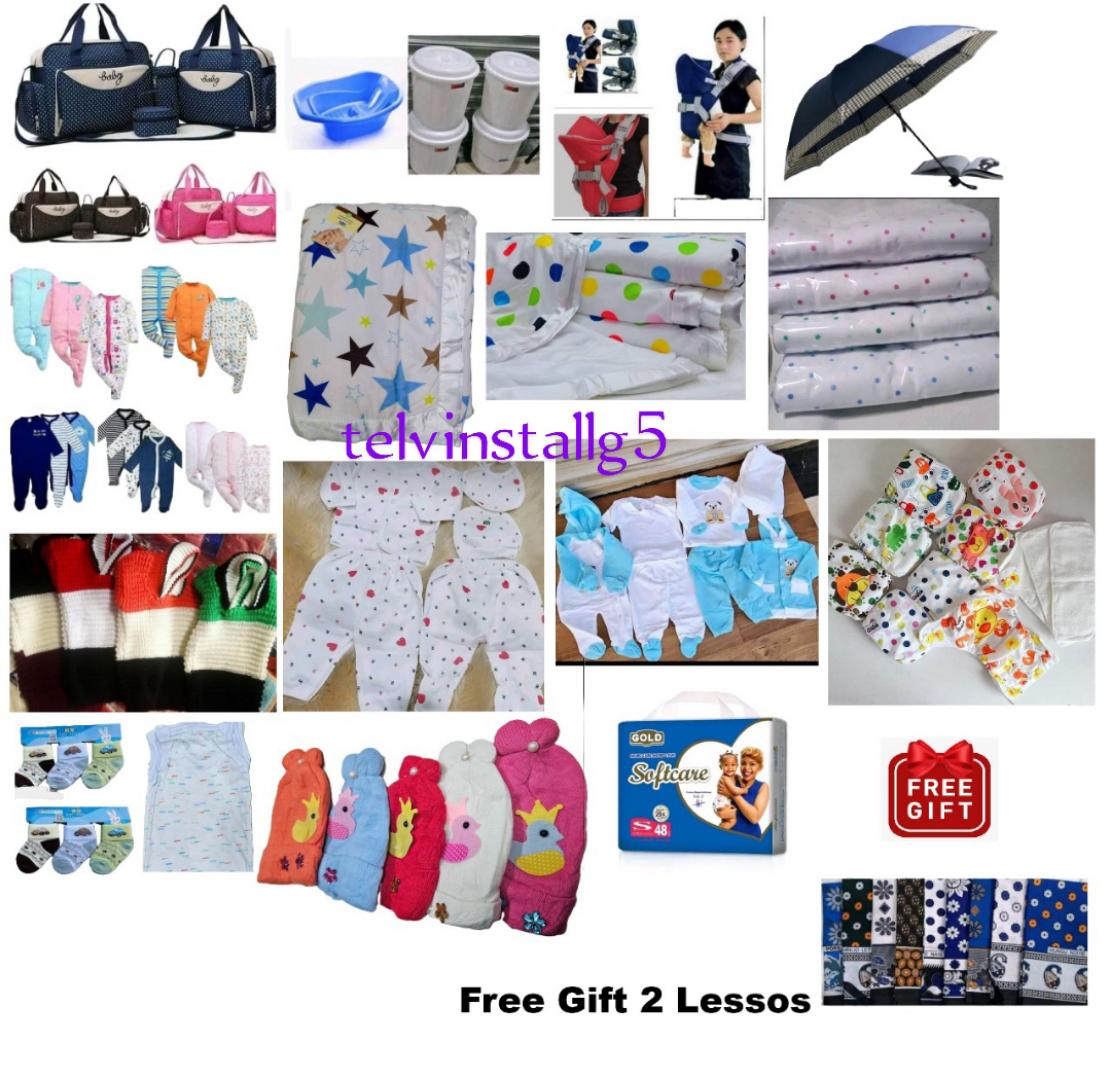 50 PIECES RECEIVING SET (GIFT 2 LESSO+Diaper bag+3 light rompers+2 knitted sweater+bathing basin+ bucket+hooded carrier+ umbrella+2 baby blankets + muffins+ wrapper+2 baby suits+diapers + socks+ vests