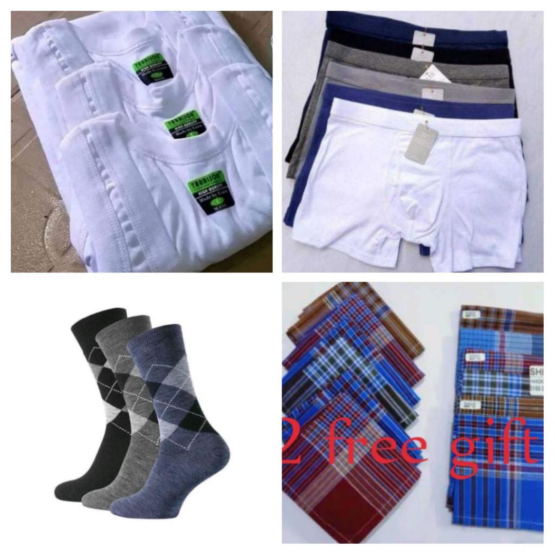 OFFER MEN BEST QUALITY PACKED SET ,,,3 white cotton men vests+ 3 cotton men boxers different colours +3 pairs of socks different colours+2 free gift handkerchiefs