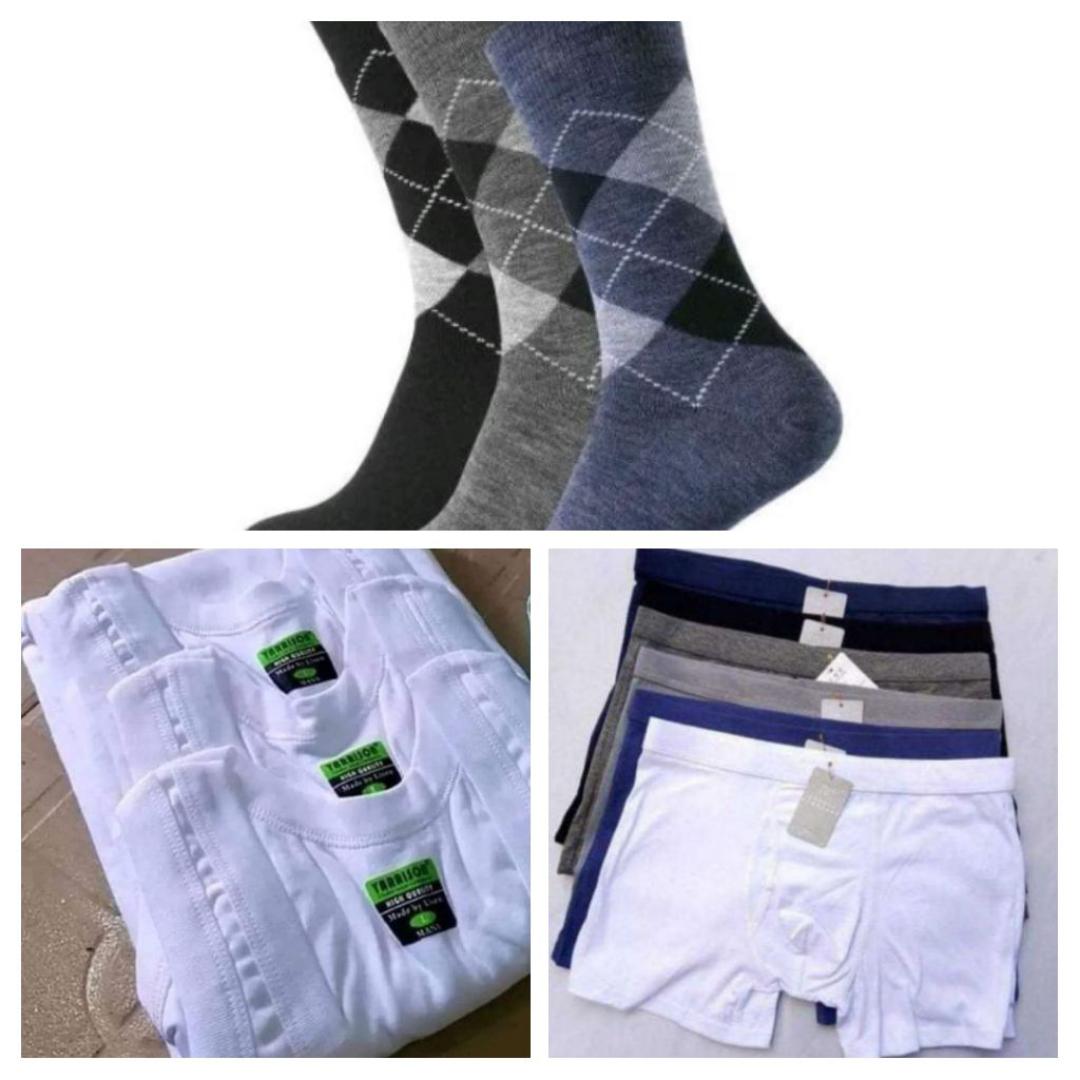 OFFER MEN BEST QUALITY PACKED SET ,,,3 white cotton men vests+ 3 cotton men boxers different colours +3 pairs of socks different colours+2 free gift handkerchiefs